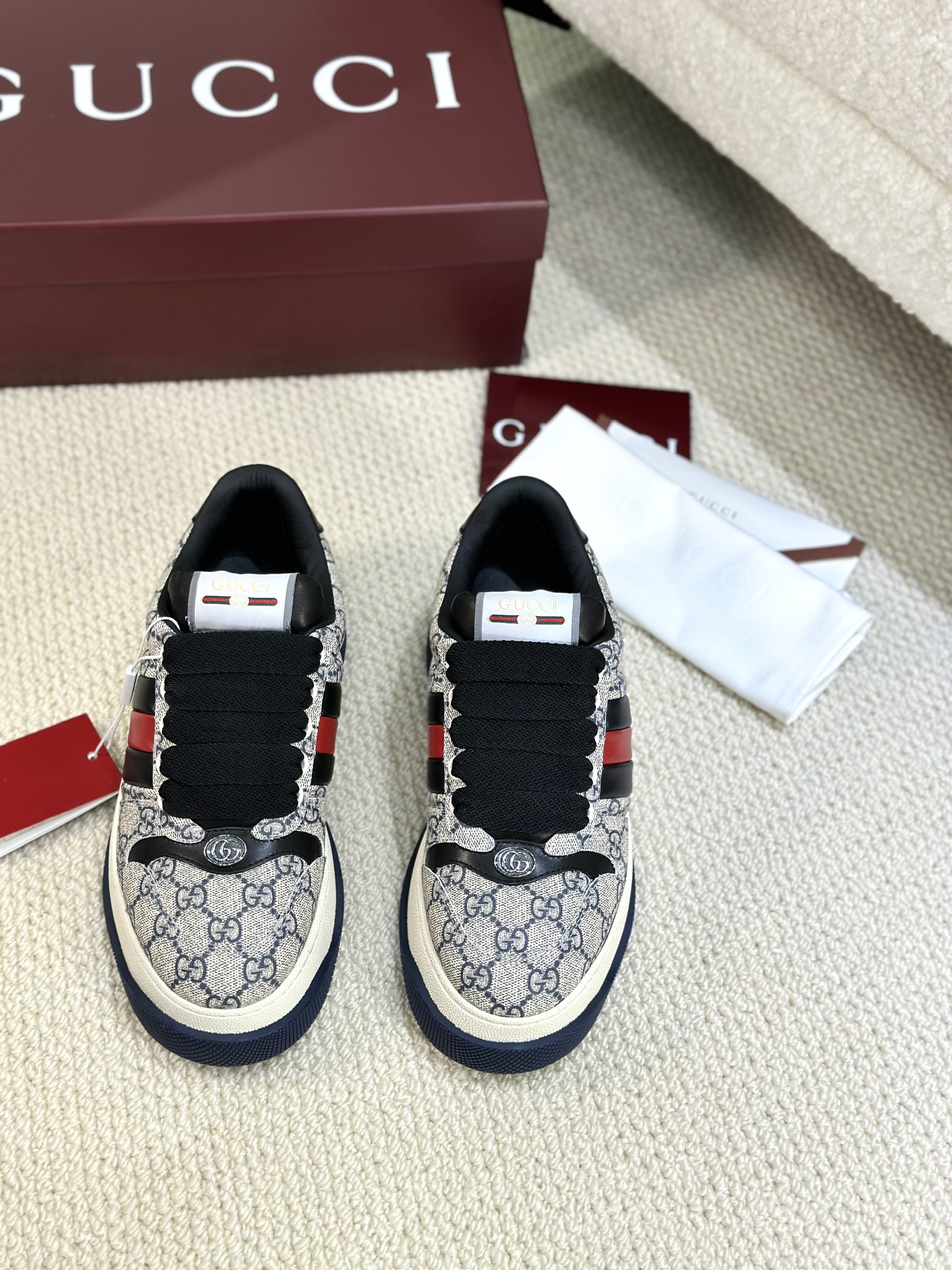 Giày sneaker GC Xám họa tiết monogram phối Xanh than kẻ sọc nổi sườn Like Auth Fullbox Phụ Kiện VTN