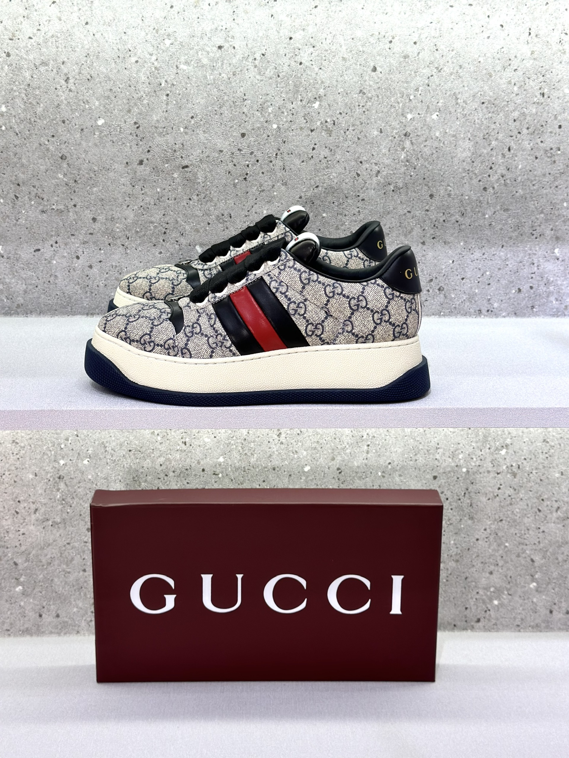 Giày sneaker GC Xám họa tiết monogram phối Xanh than kẻ sọc nổi sườn Like Auth Fullbox Phụ Kiện VTN