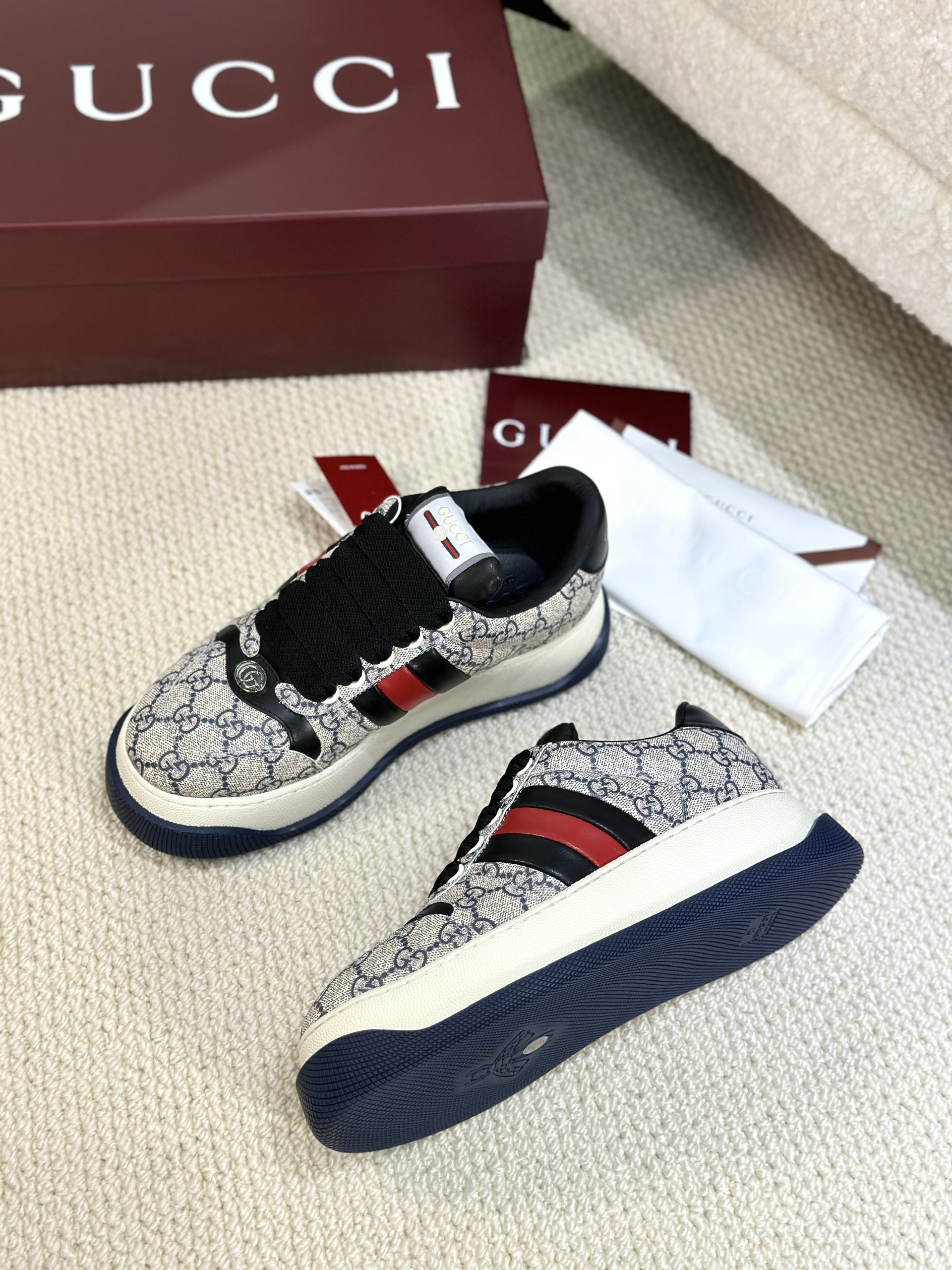 Giày sneaker GC Xám họa tiết monogram phối Xanh than kẻ sọc nổi sườn Like Auth Fullbox Phụ Kiện VTN