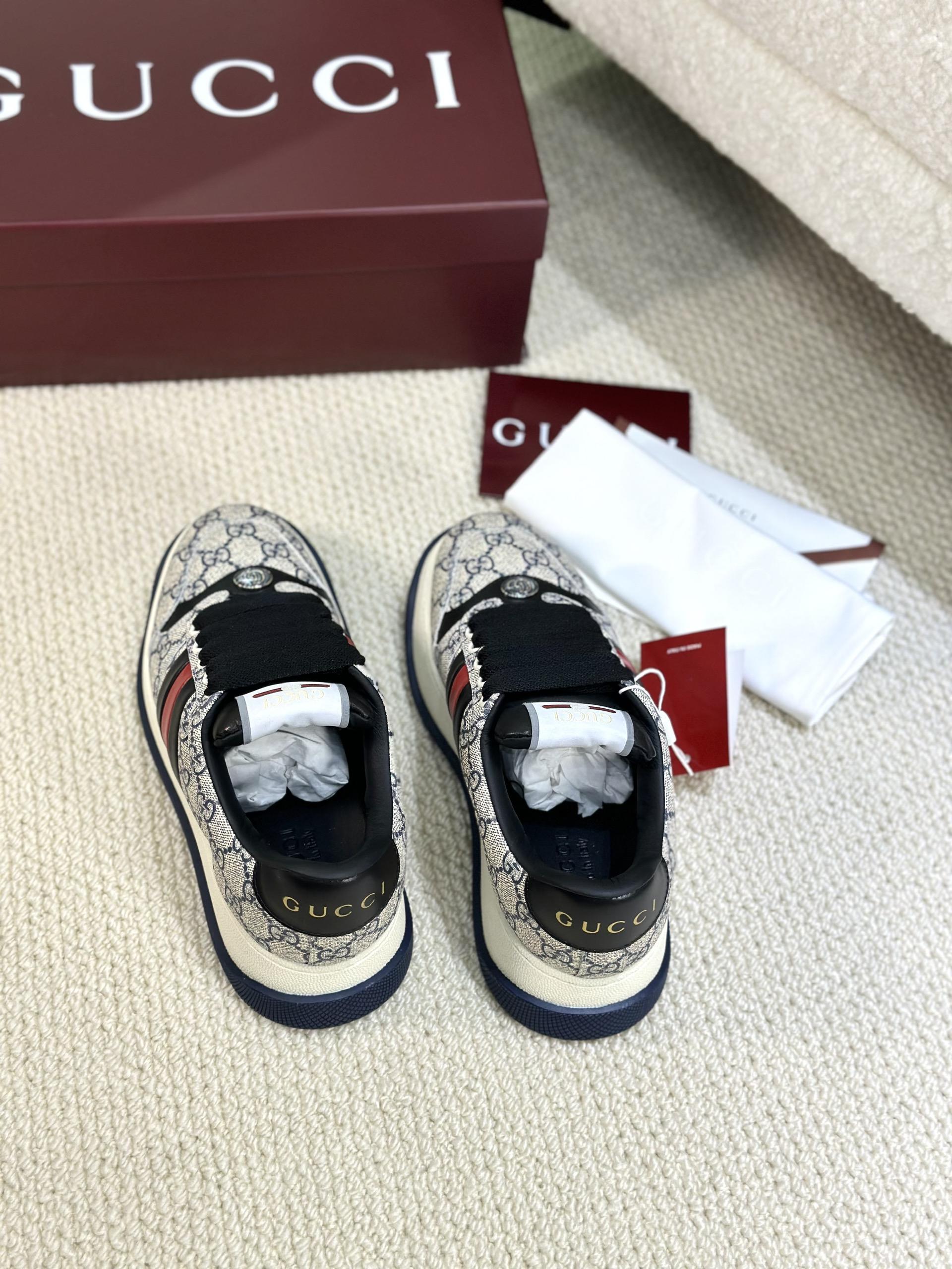 Giày sneaker GC Xám họa tiết monogram phối Xanh than kẻ sọc nổi sườn Like Auth Fullbox Phụ Kiện VTN