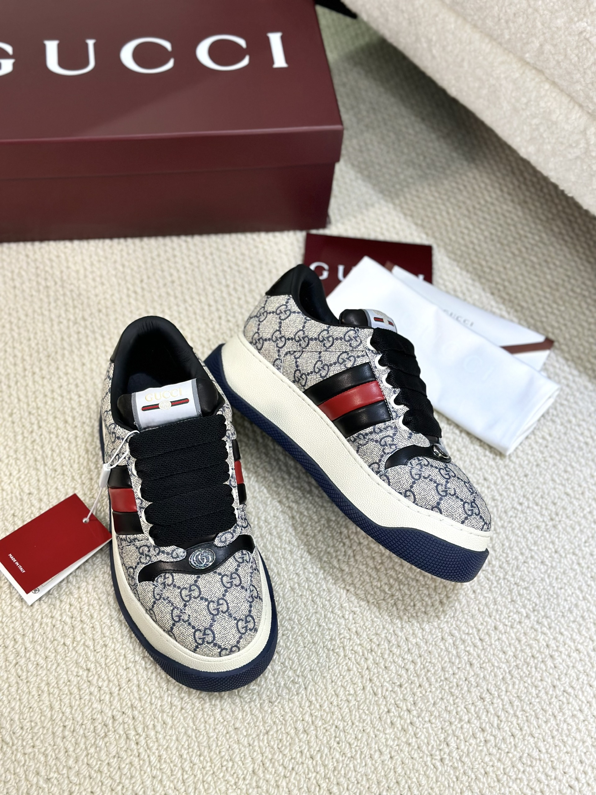 Giày sneaker GC Xám họa tiết monogram phối Xanh than kẻ sọc nổi sườn Like Auth Fullbox Phụ Kiện VTN