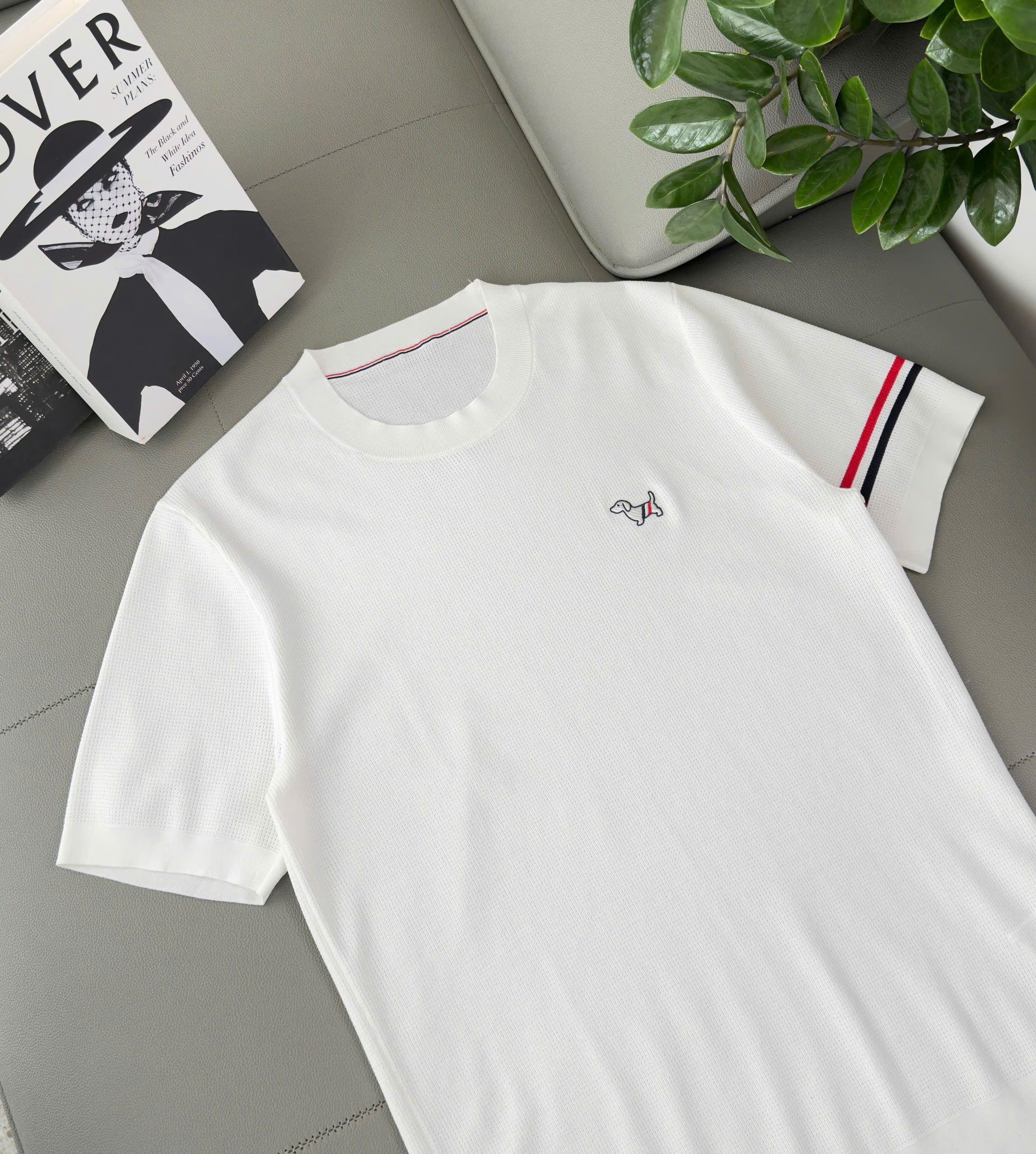 Áo phông T shirt Thombrowne kẻ sọc tay logo thêu Cún Like Auth 48-54 DDT\Trắng
