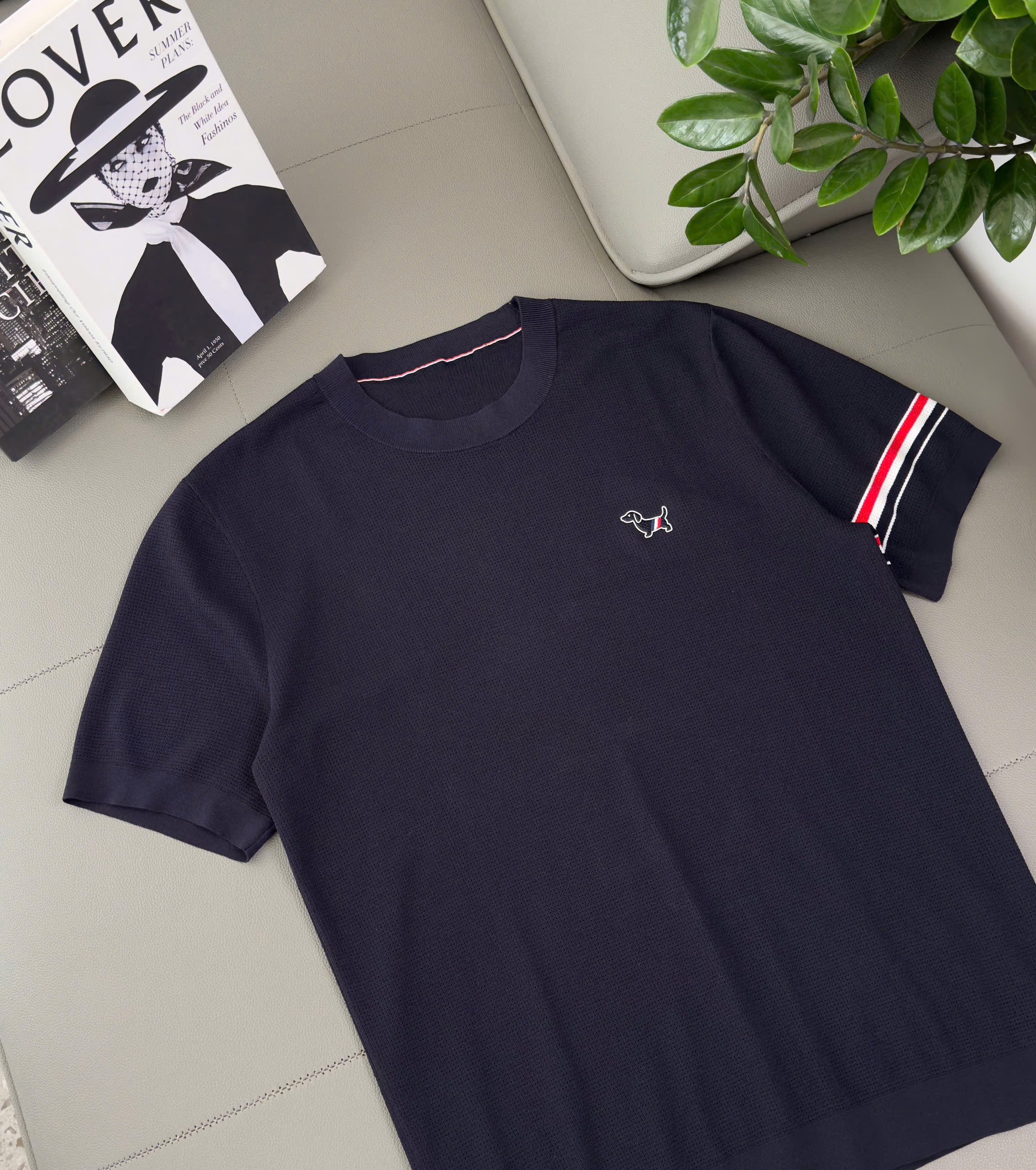 Áo phông T shirt Thombrowne kẻ sọc tay logo thêu Cún Like Auth 48-54 DDT\Xanh Than