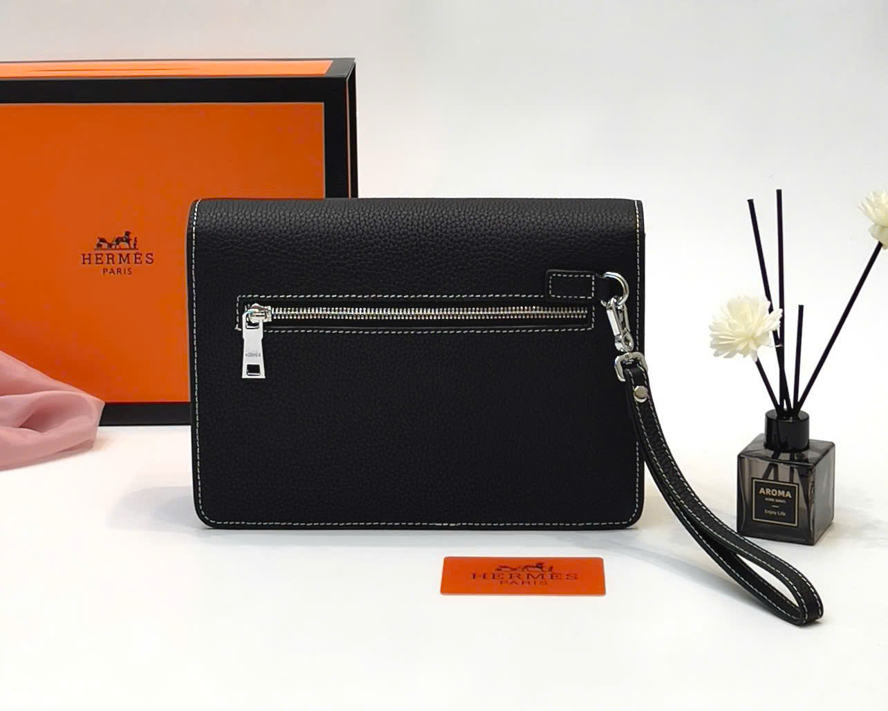 Túi Clutch cầm tay Hermes HM Đen trơn check khóa cài size 28x18x3cm Like Auth Fullbox phụ kiện DDT