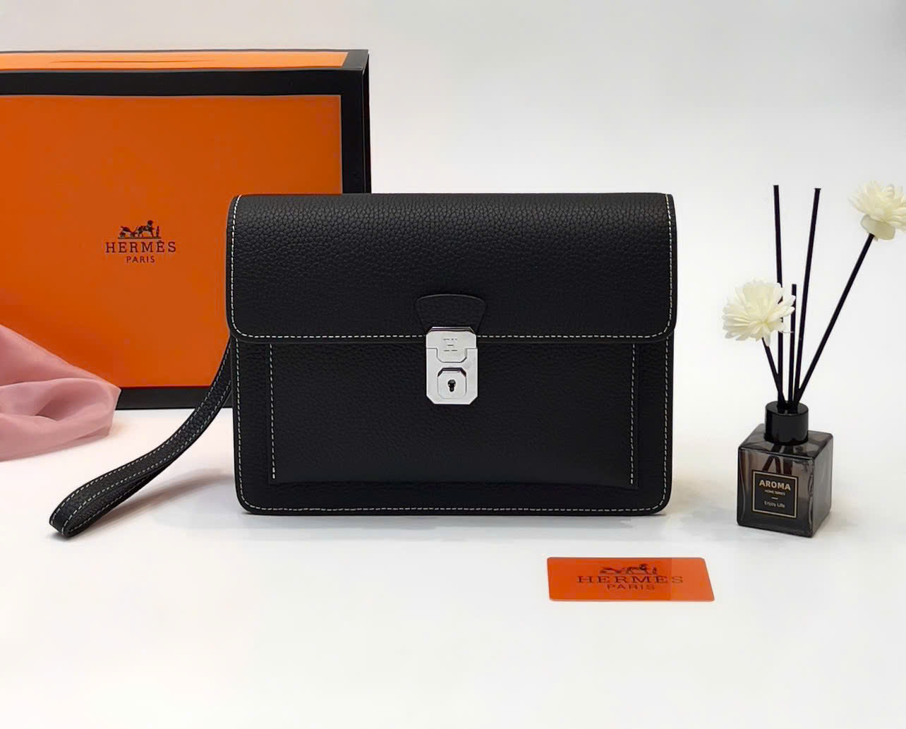 Túi Clutch cầm tay Hermes HM Đen trơn check khóa cài size 28x18x3cm Like Auth Fullbox phụ kiện DDT