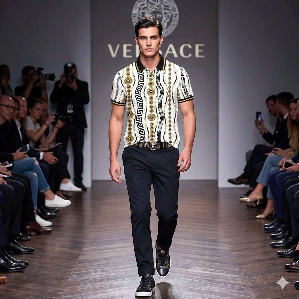 Áo polo hình Versace VS họa tiết nhiều Đồng Xu xích Vàng Like Auth 48-54 MK\Trắng