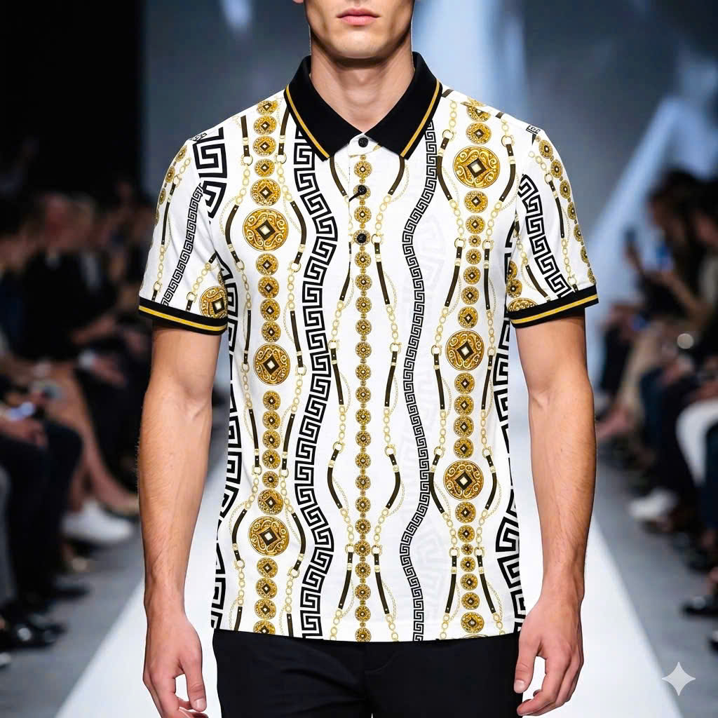 Áo polo hình Versace VS họa tiết nhiều Đồng Xu xích Vàng Like Auth 48-54 MK\Trắng