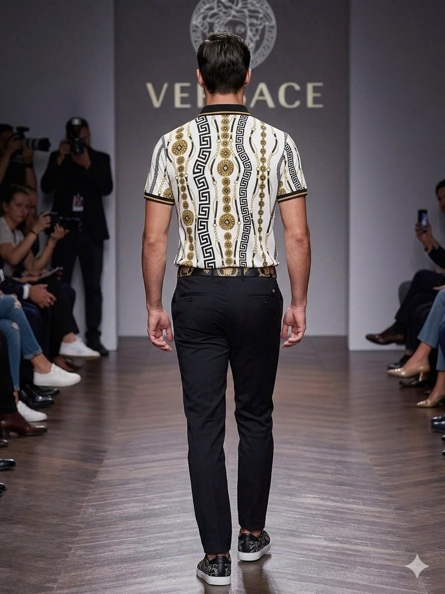 Áo polo hình Versace VS họa tiết nhiều Đồng Xu xích Vàng Like Auth 48-54 MK\Trắng