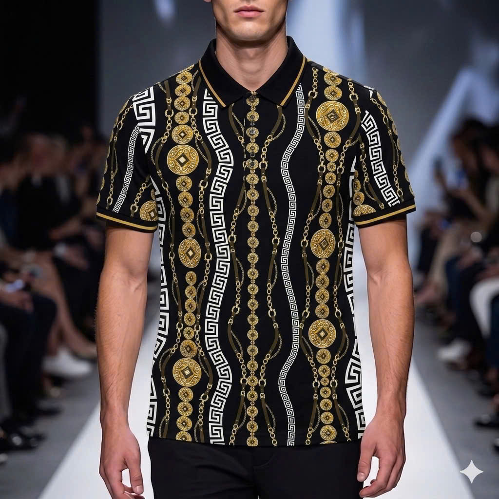 Áo polo hình Versace VS họa tiết nhiều Đồng Xu xích Vàng Like Auth 48-54 MK\Đen