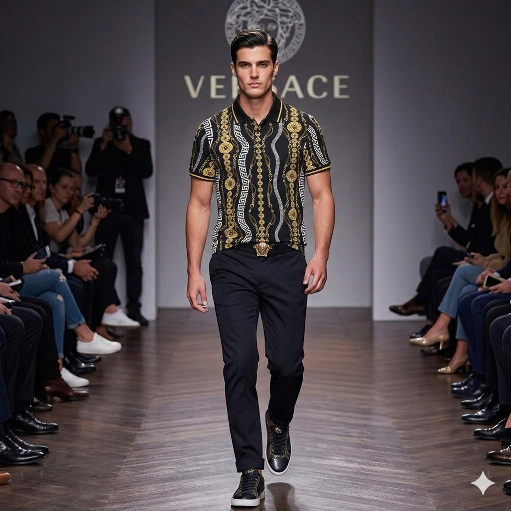 Áo polo hình Versace VS họa tiết nhiều Đồng Xu xích Vàng Like Auth 48-54 MK\Đen