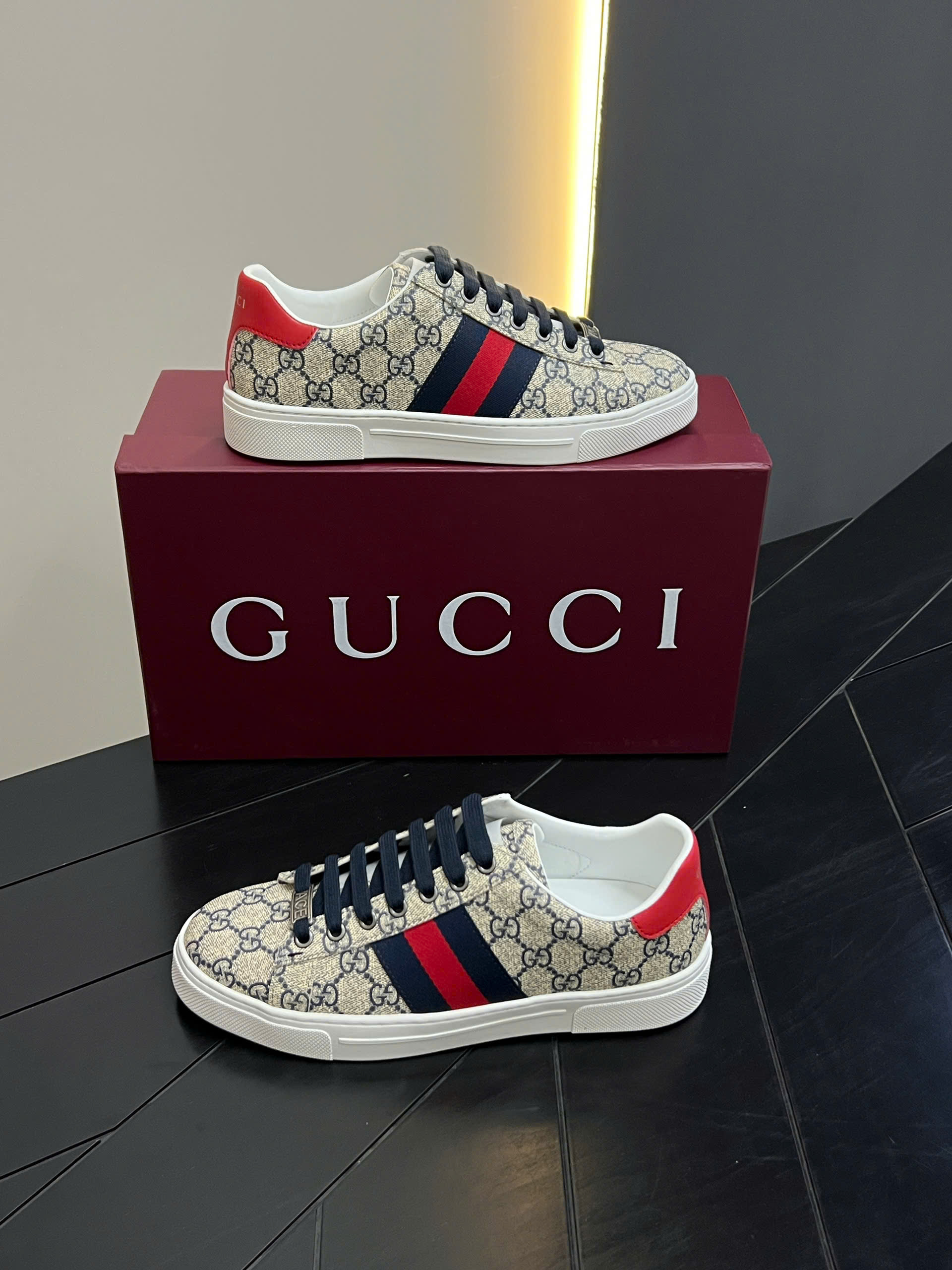 Giày sneaker Gucci Ace GG Supreme Canvas Xanh logo full kẻ sọc ngang Xanh Đỏ Like Auth 38-43 VTN