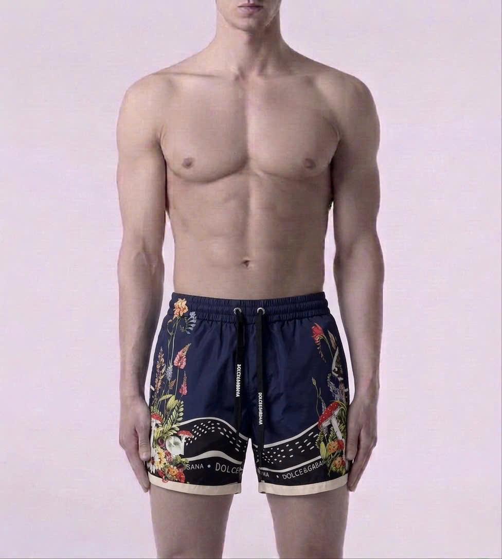 Quần short đùi gió Dolce Gabbana DG Xanh Than họa tiết hoa Like Auth 44-50 CD NV