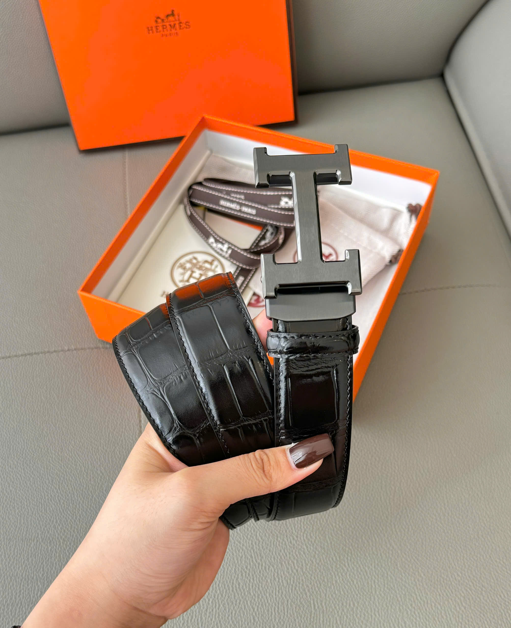 Thắt lưng dây nịt Hermes HM mặt chữ H Xám da cá sấu bóng Like Auth 85-110 DDT