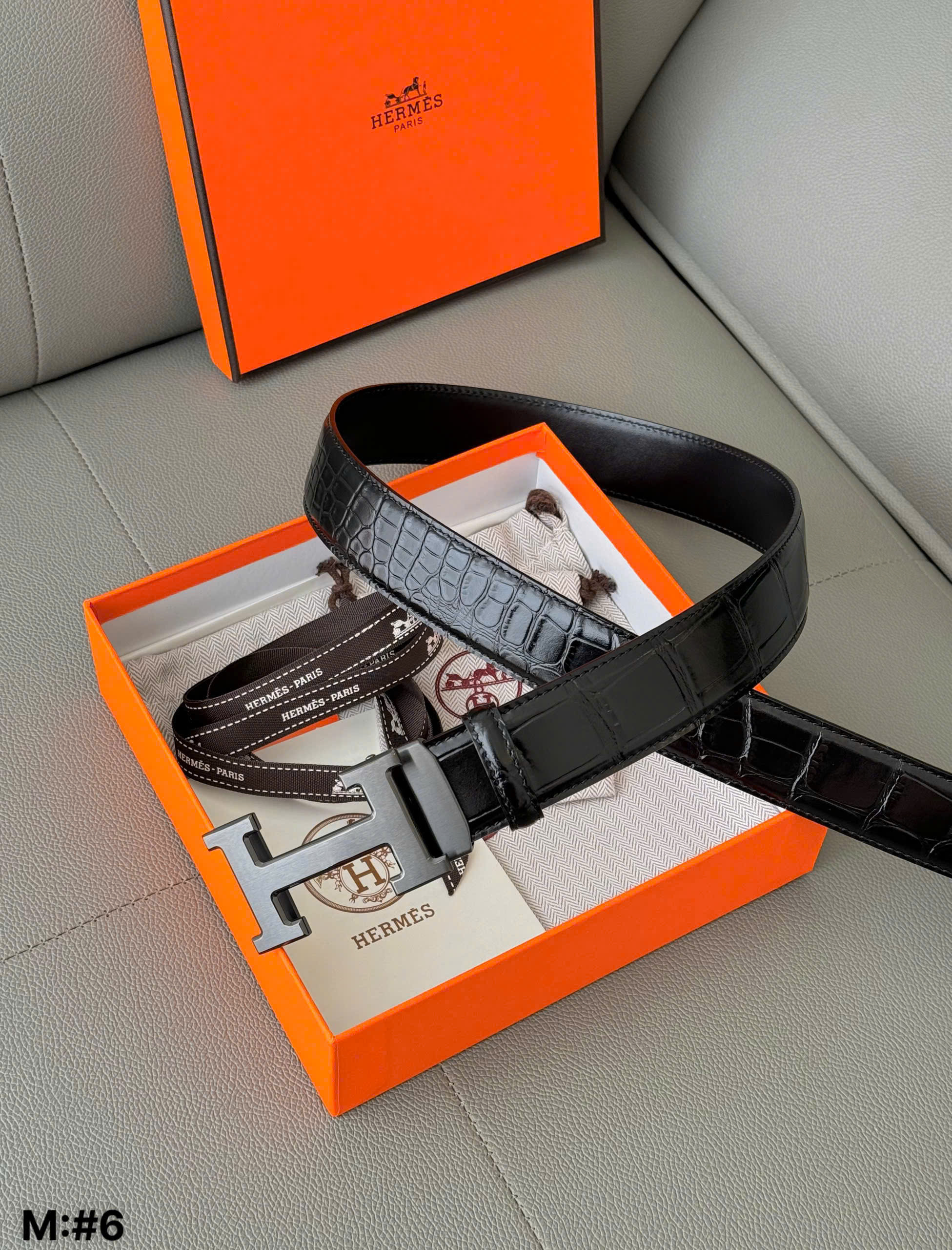 Thắt lưng dây nịt Hermes HM mặt chữ H Xám da cá sấu bóng Like Auth 85-110 DDT