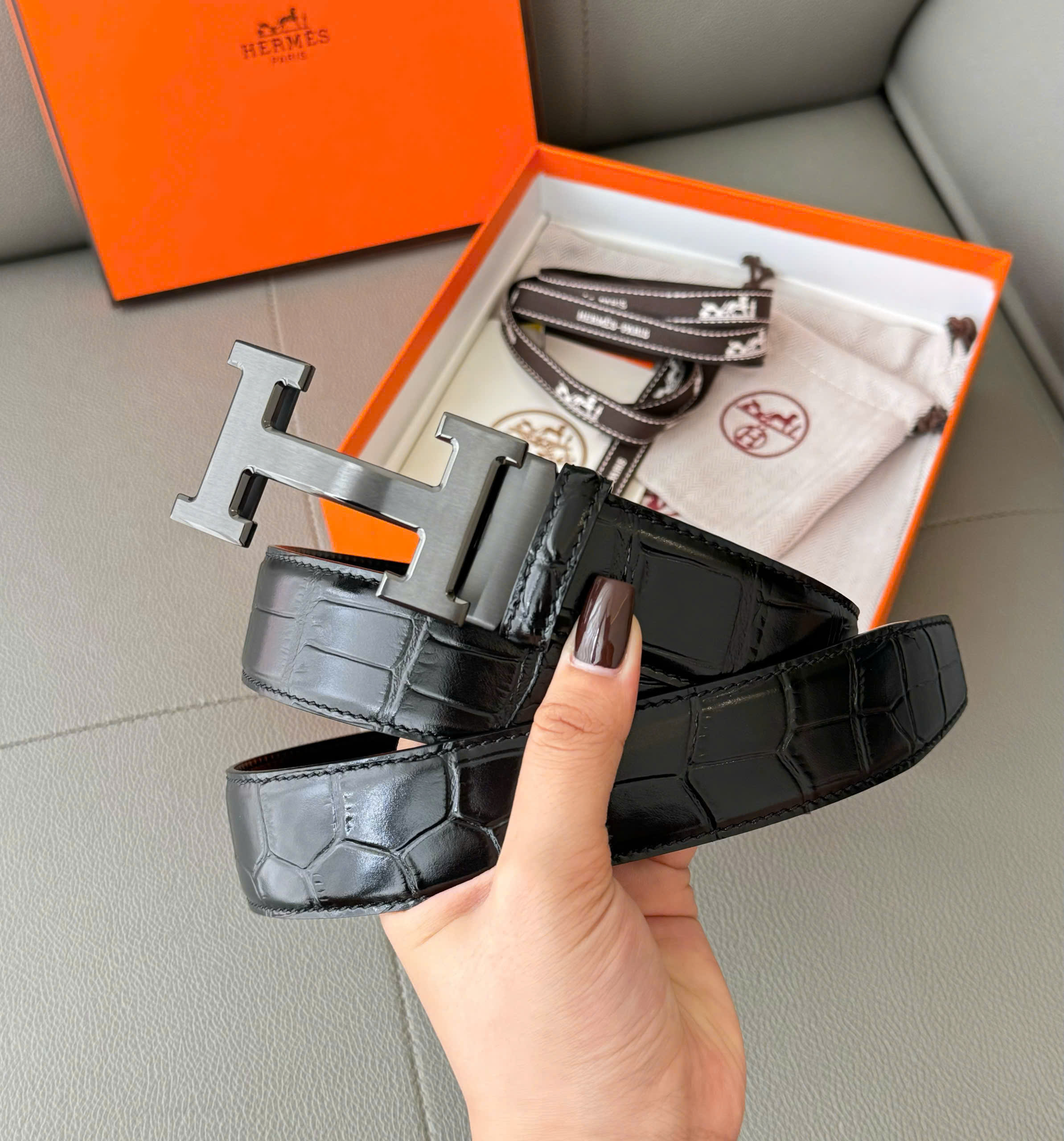 Thắt lưng dây nịt Hermes HM mặt chữ H Xám da cá sấu bóng Like Auth 85-110 DDT