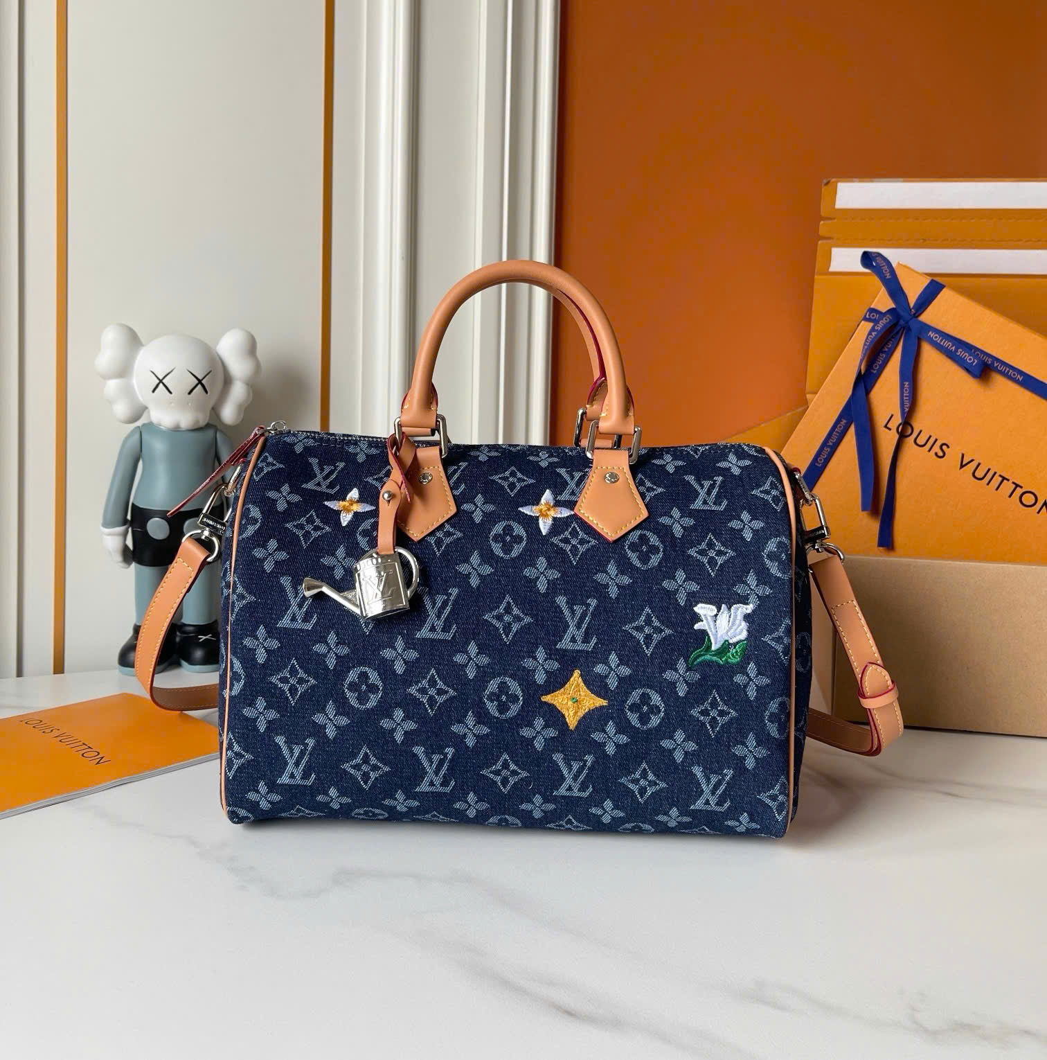 Túi trống Louis Vuitton LV Speedy Monogram Floral Denim Xanh Than Like Auth 30x21x17 PLD