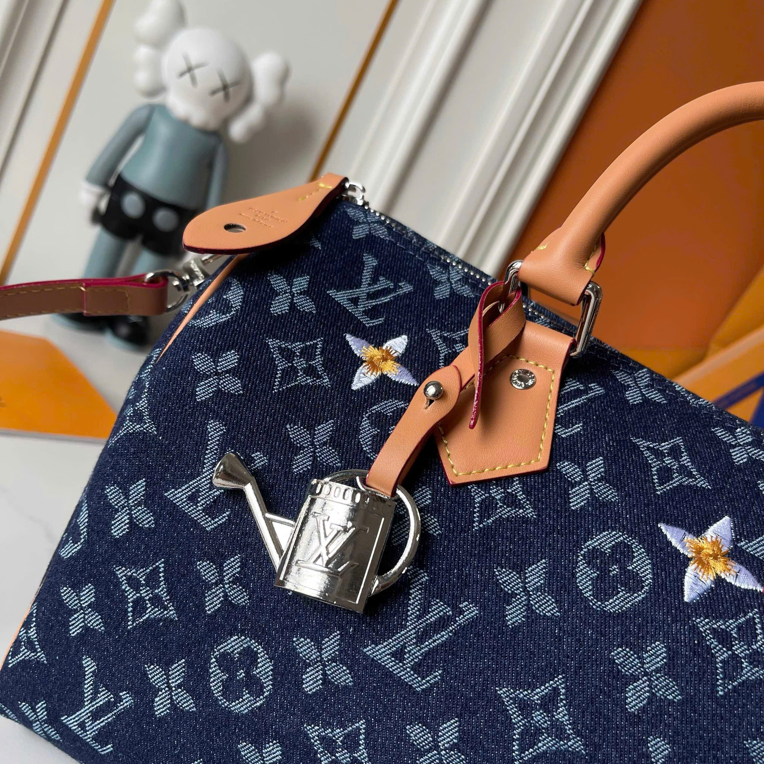 Túi trống Louis Vuitton LV Speedy Monogram Floral Denim Xanh Than Like Auth 30x21x17 PLD