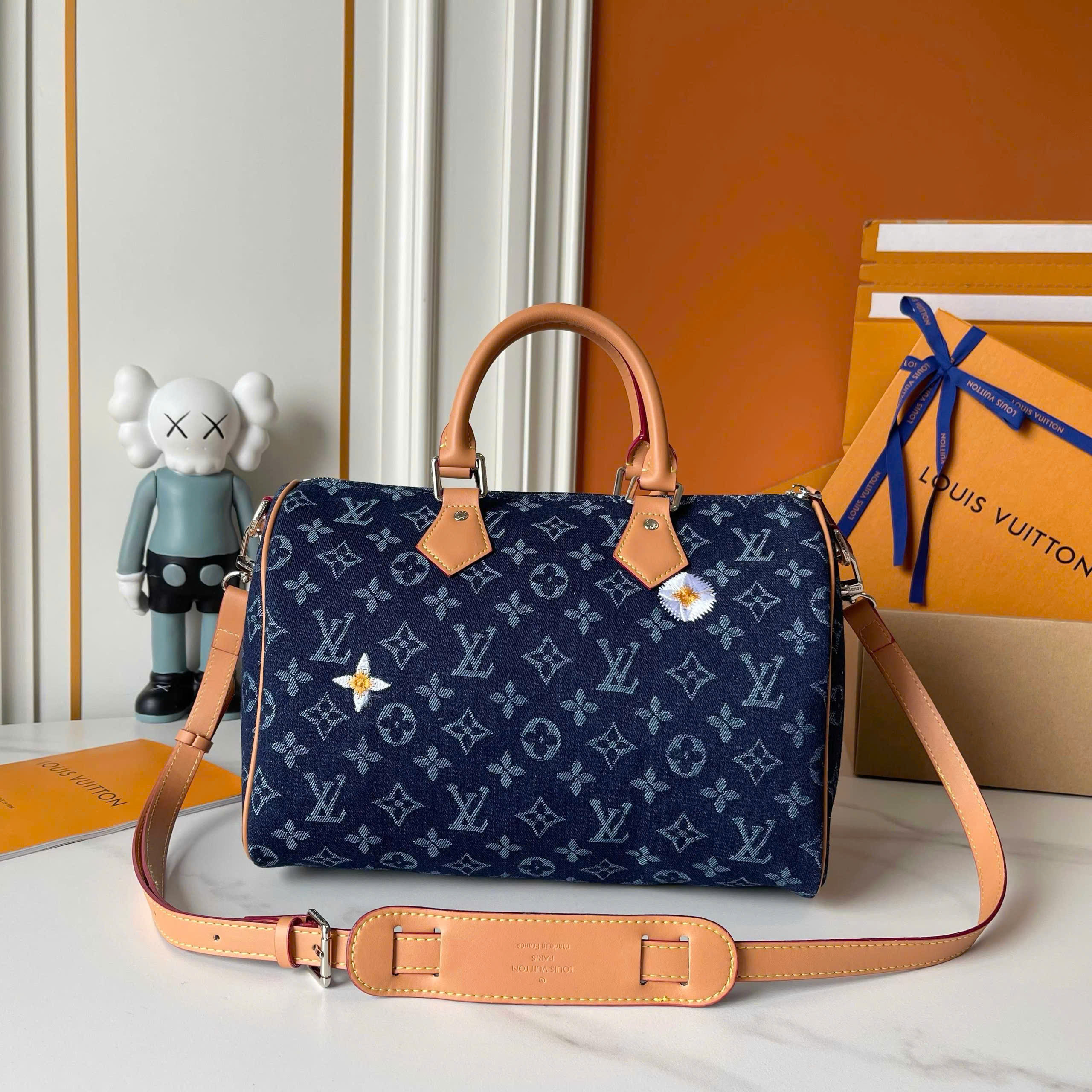 Túi trống Louis Vuitton LV Speedy Monogram Floral Denim Xanh Than Like Auth 30x21x17 PLD