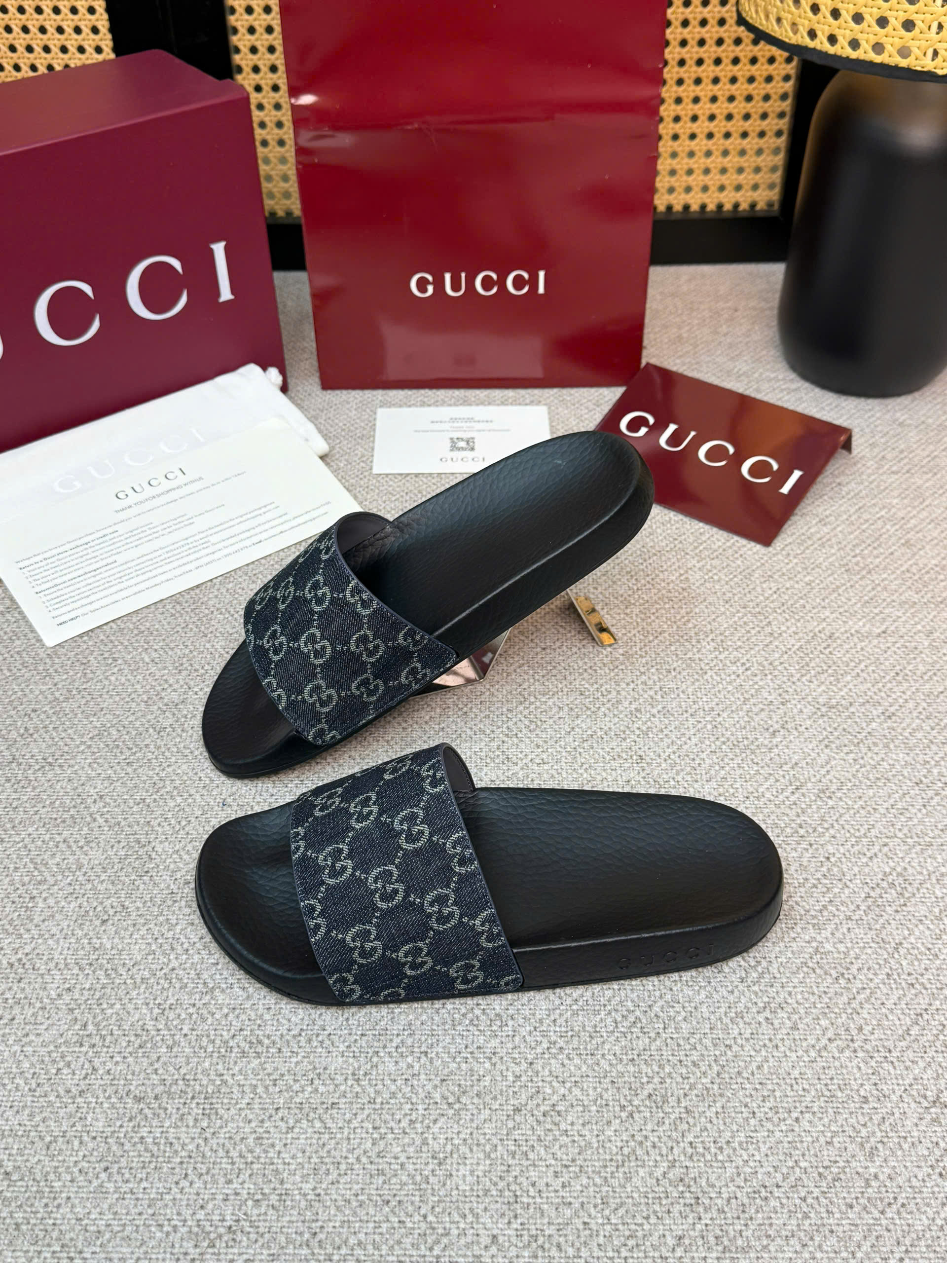 Dép quai ngang Gucci GC Đen logo full quai Xanh Than Like Auth 38-43 VTN