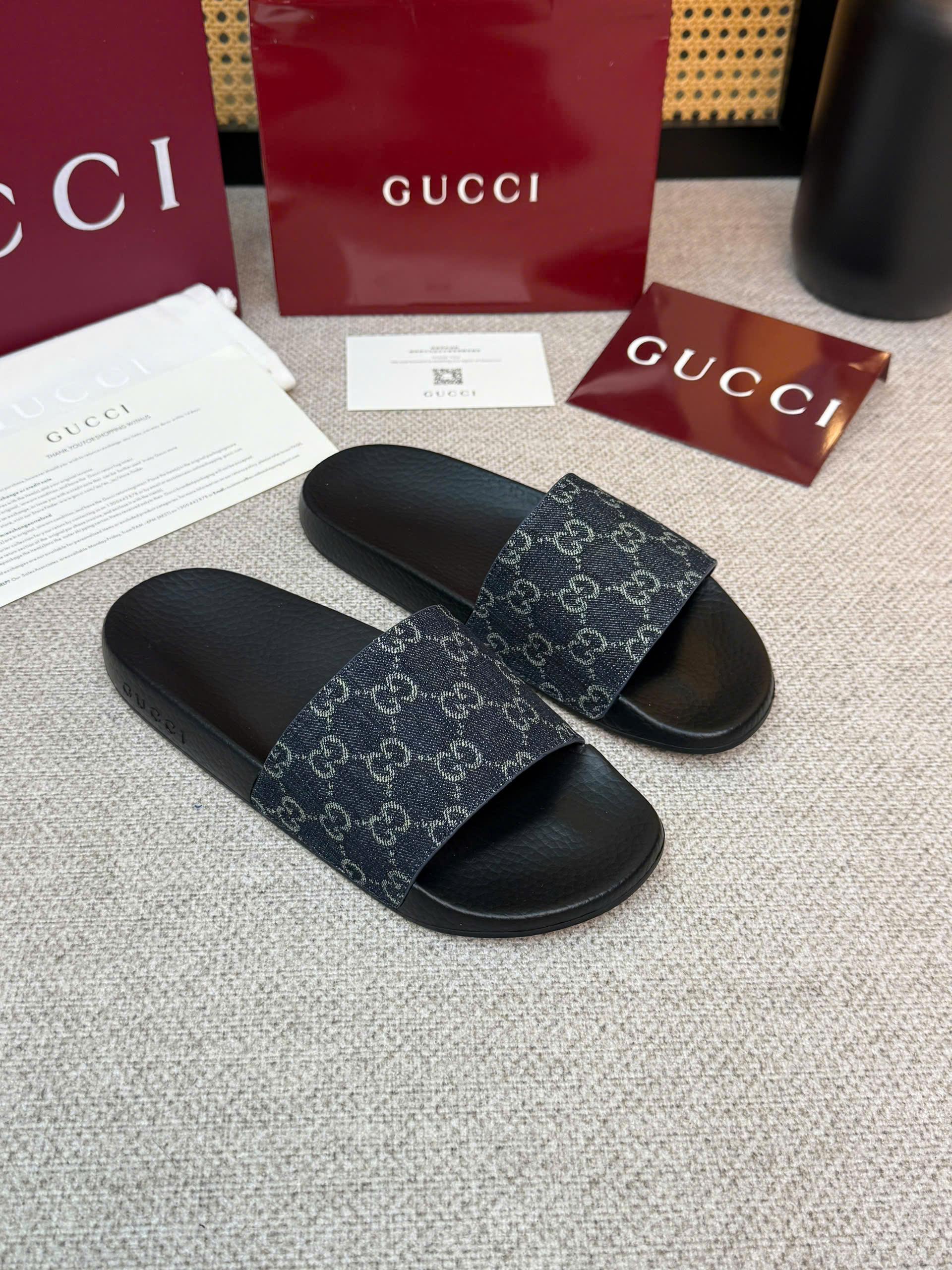 Dép quai ngang Gucci GC Đen logo full quai Xanh Than Like Auth 38-43 VTN