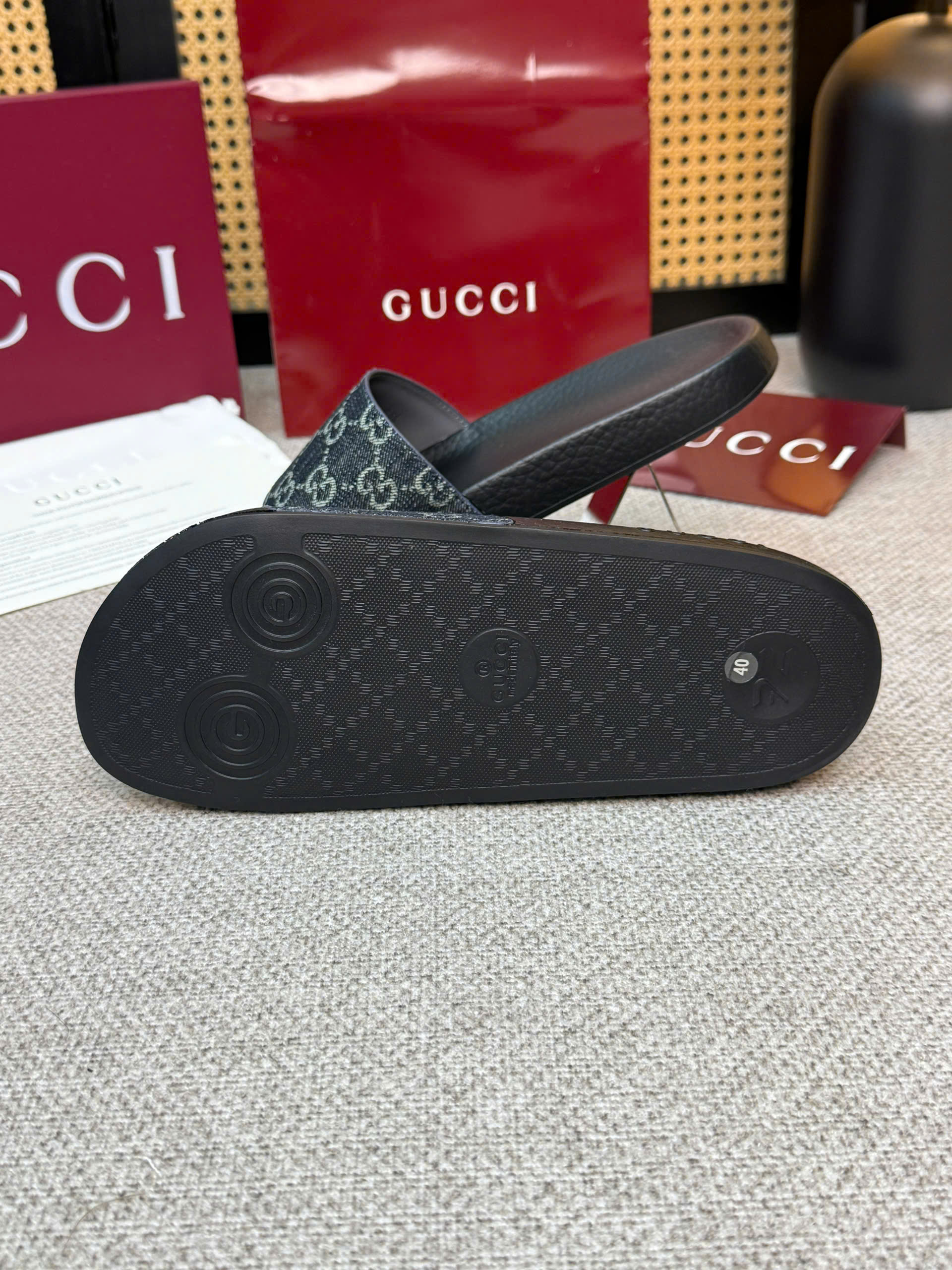 Dép quai ngang Gucci GC Đen logo full quai Xanh Than Like Auth 38-43 VTN
