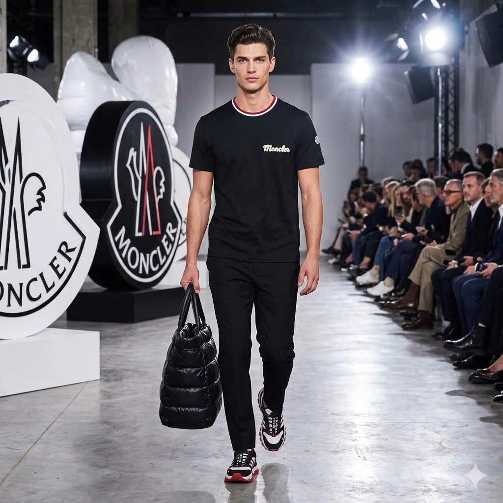Áo phông T shirt Moncler bo cổ Xanh Trắng Đỏ logo thêu ngực Like Auth S-XL MK\Đen