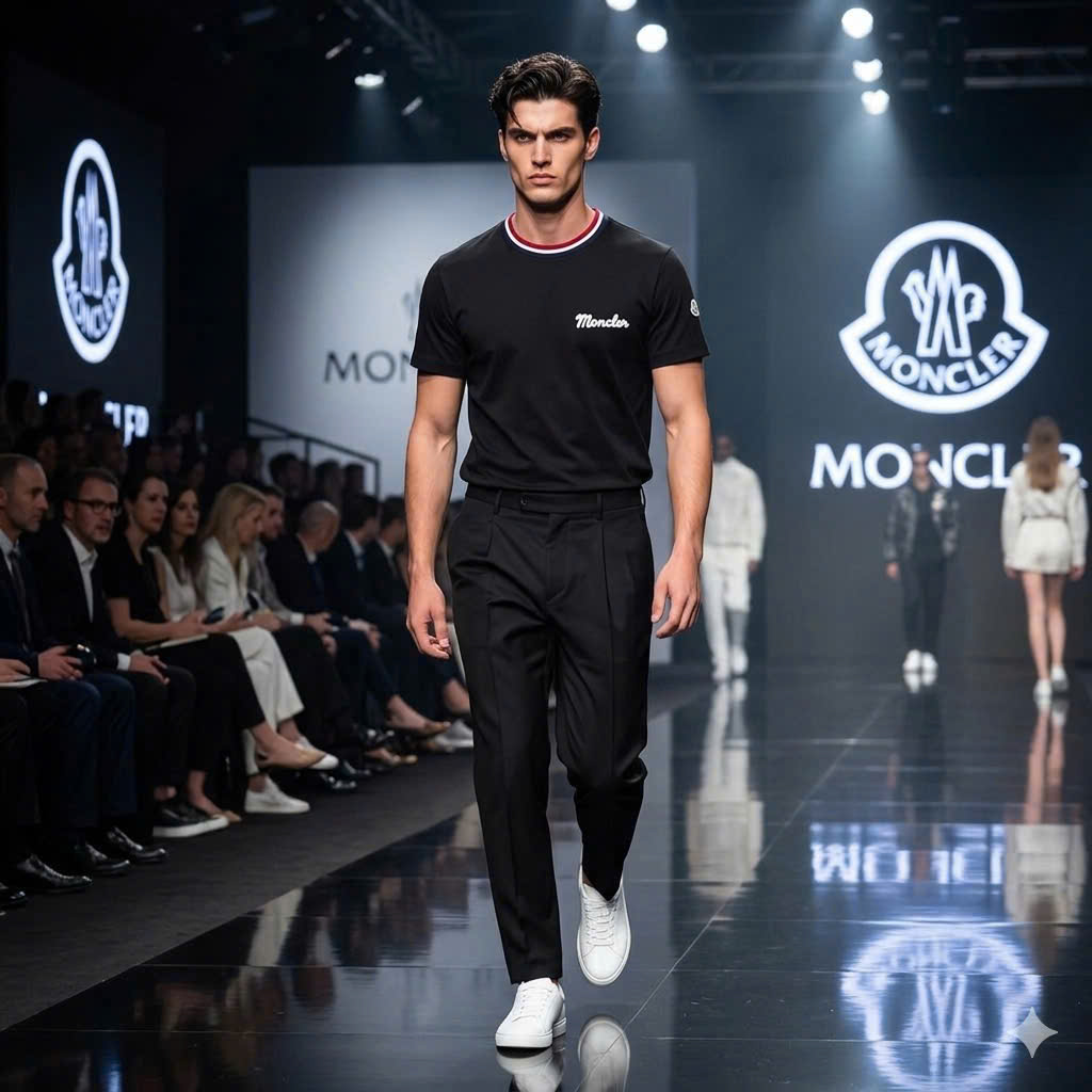 Áo phông T shirt Moncler bo cổ Xanh Trắng Đỏ logo thêu ngực Like Auth S-XL MK\Đen