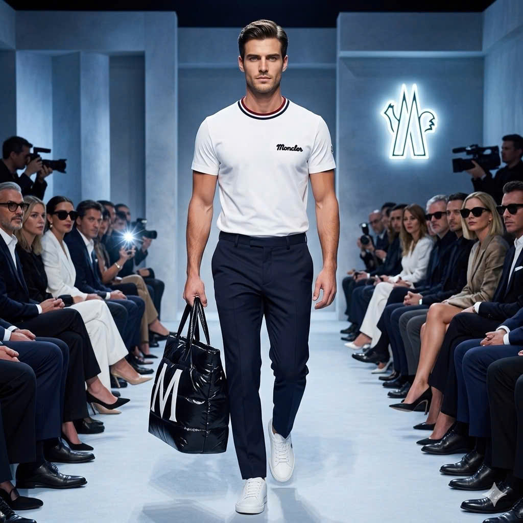 Áo phông T shirt Moncler bo cổ Xanh Trắng Đỏ logo thêu ngực Like Auth S-XL MK\Trắng