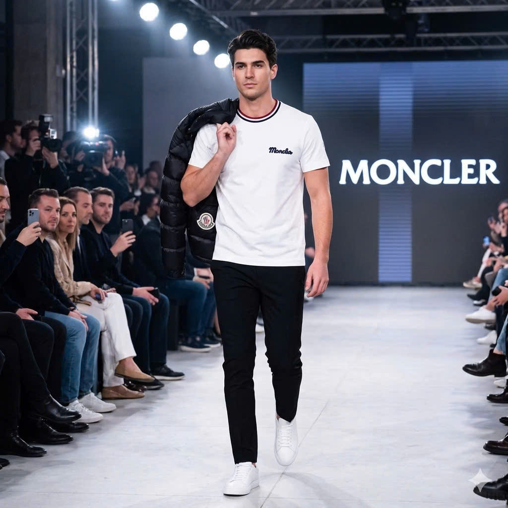 Áo phông T shirt Moncler bo cổ Xanh Trắng Đỏ logo thêu ngực Like Auth S-XL MK\Trắng