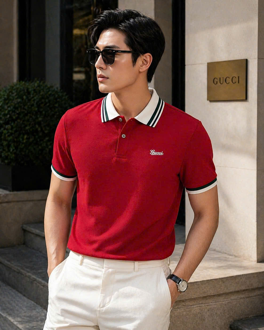 Áo polo Gucci GC check bo tay cổ logo thêu ngực Like Auth 48-52 MK\Đỏ