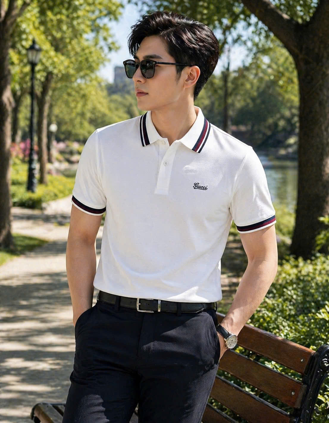 Áo polo Gucci GC check bo tay cổ logo thêu ngực Like Auth 48-52 MK\Trắng