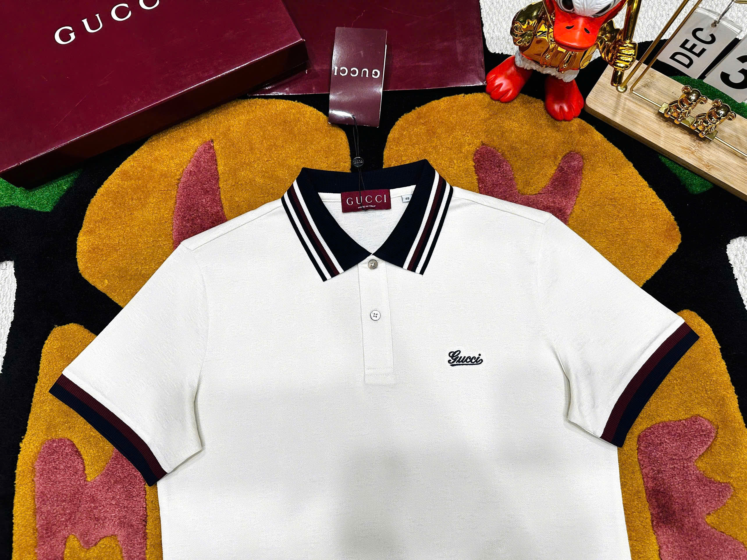 Áo polo Gucci GC check bo tay cổ logo thêu ngực Like Auth 48-52 MK\Trắng