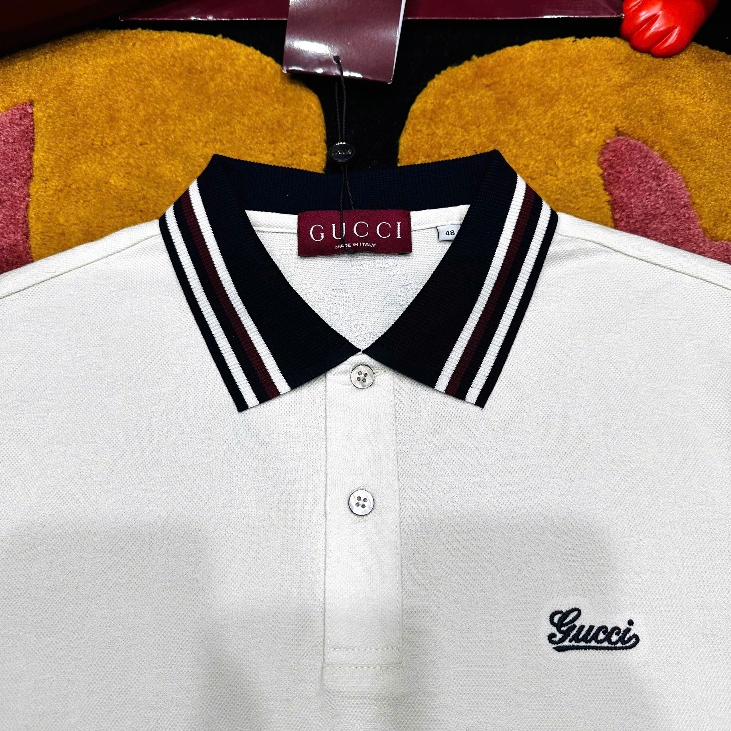 Áo polo Gucci GC check bo tay cổ logo thêu ngực Like Auth 48-52 MK\Trắng