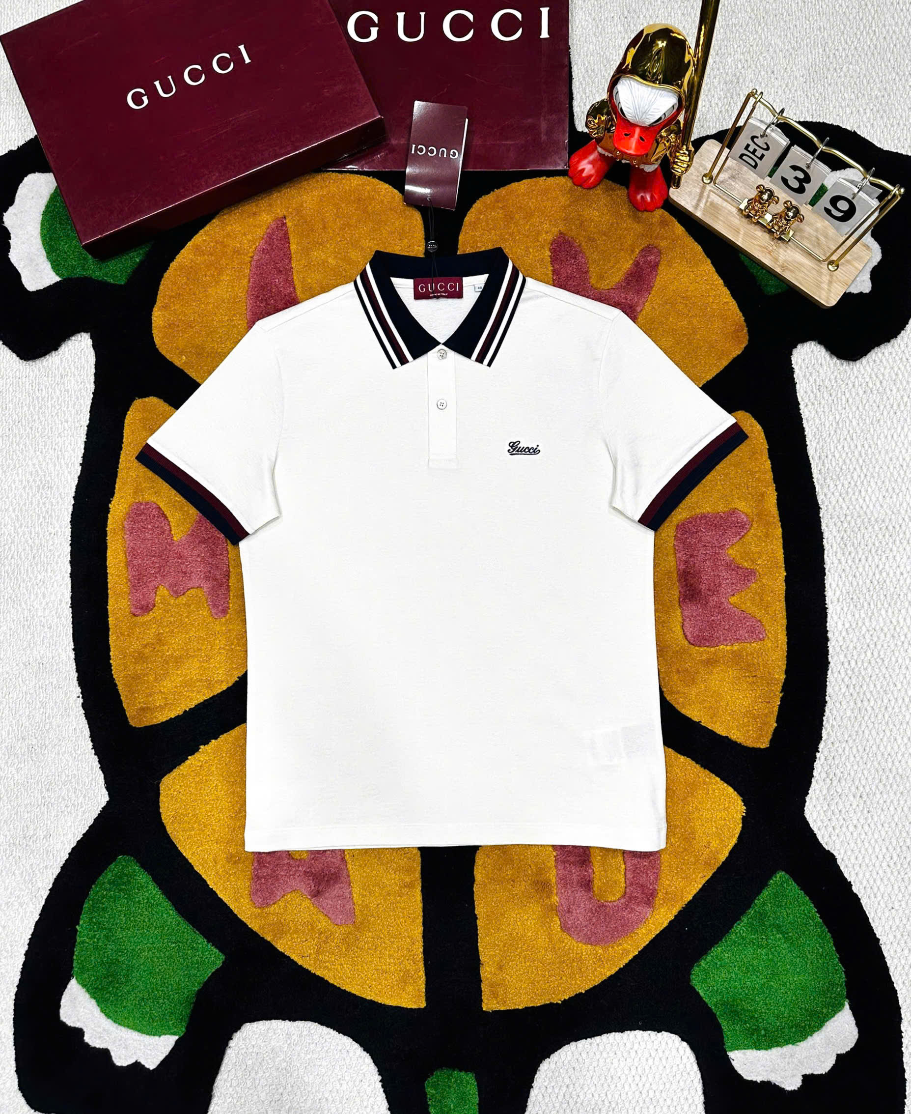 Áo polo Gucci GC check bo tay cổ logo thêu ngực Like Auth 48-52 MK\Trắng