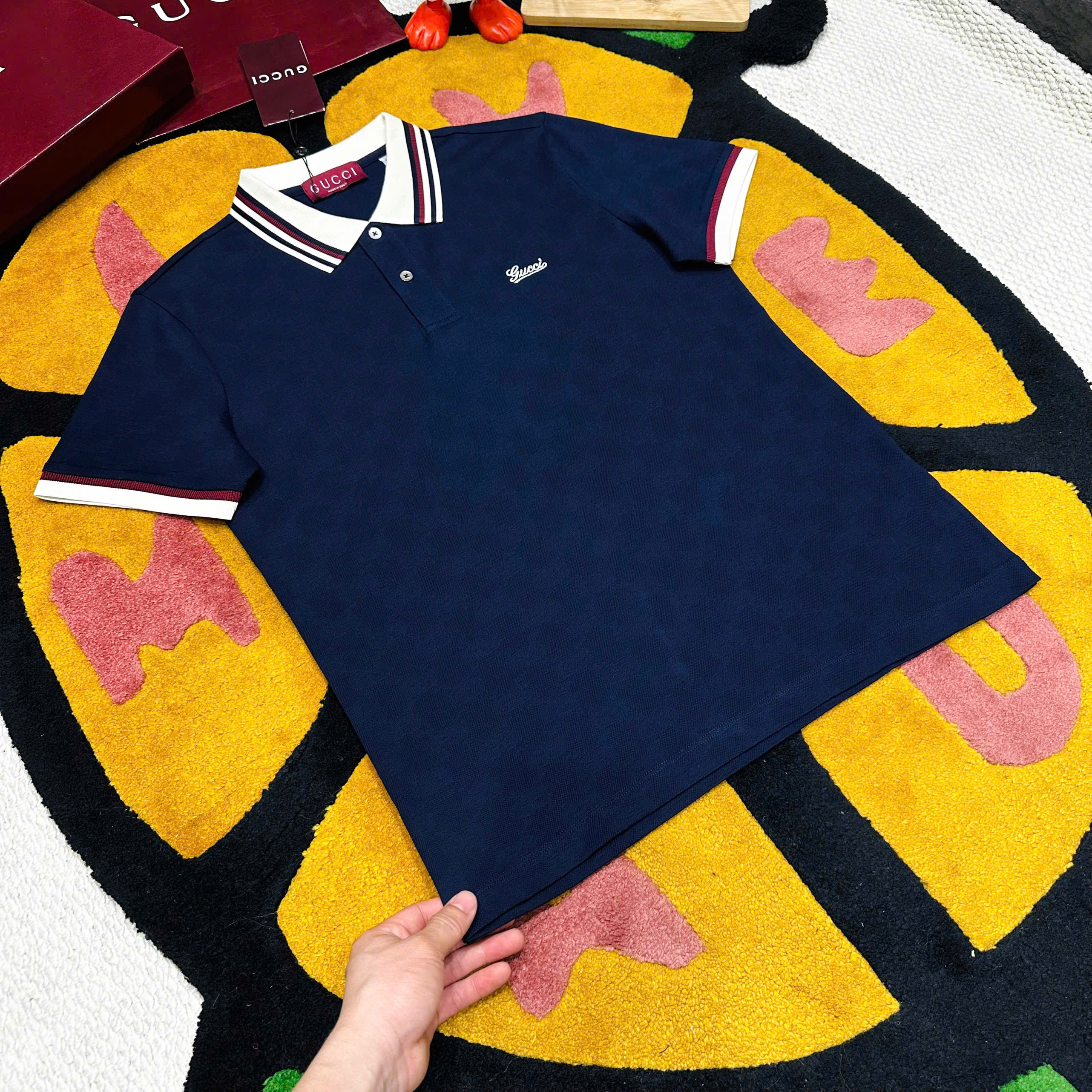 Áo polo Gucci GC check bo tay cổ logo thêu ngực Like Auth 48-52 MK\Xanh