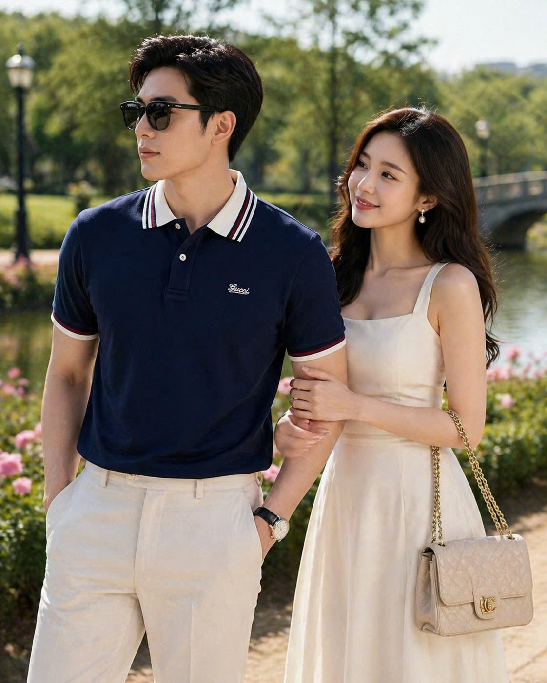 Áo polo Gucci GC check bo tay cổ logo thêu ngực Like Auth 48-52 MK\Xanh