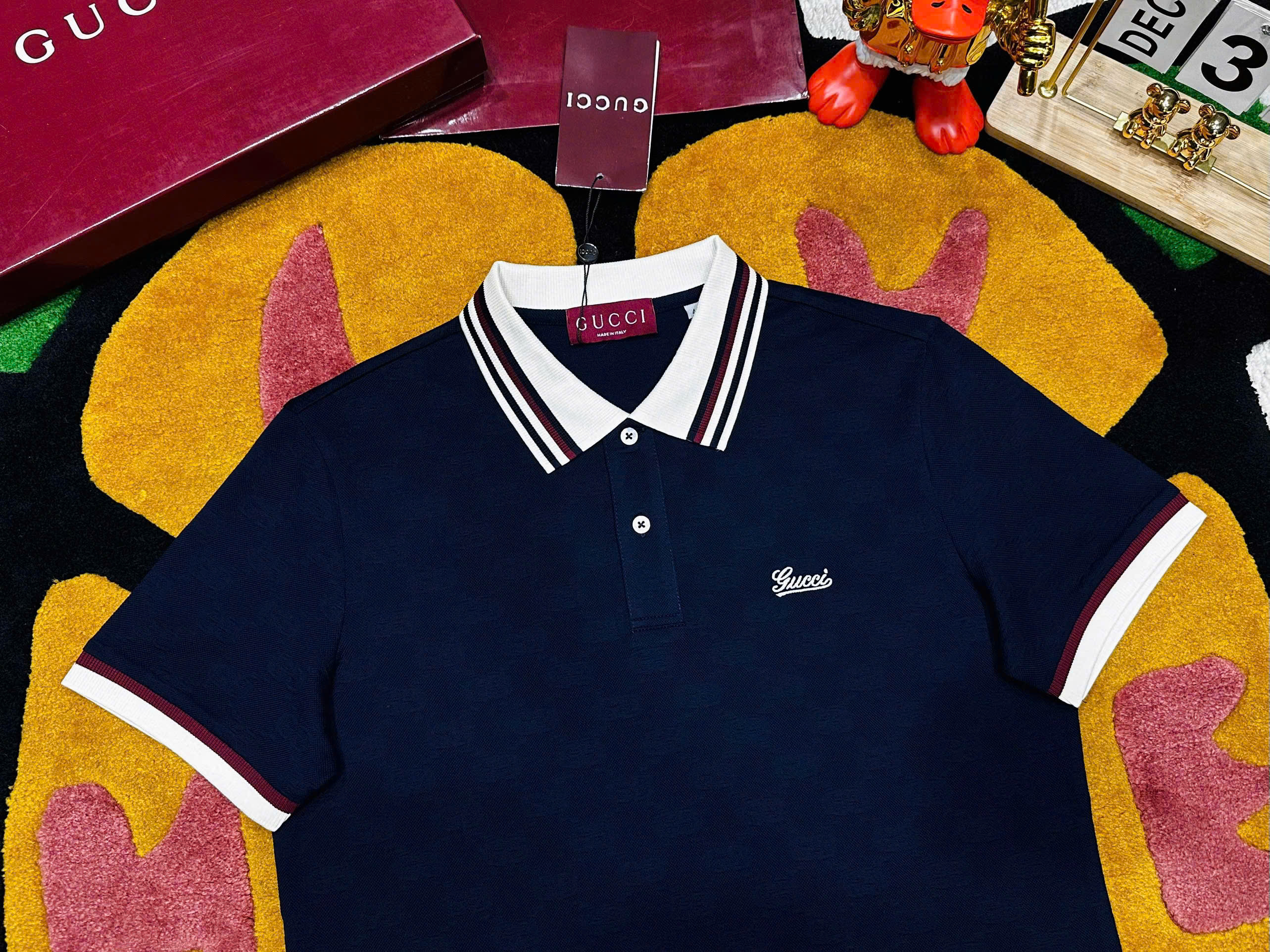 Áo polo Gucci GC check bo tay cổ logo thêu ngực Like Auth 48-52 MK\Xanh