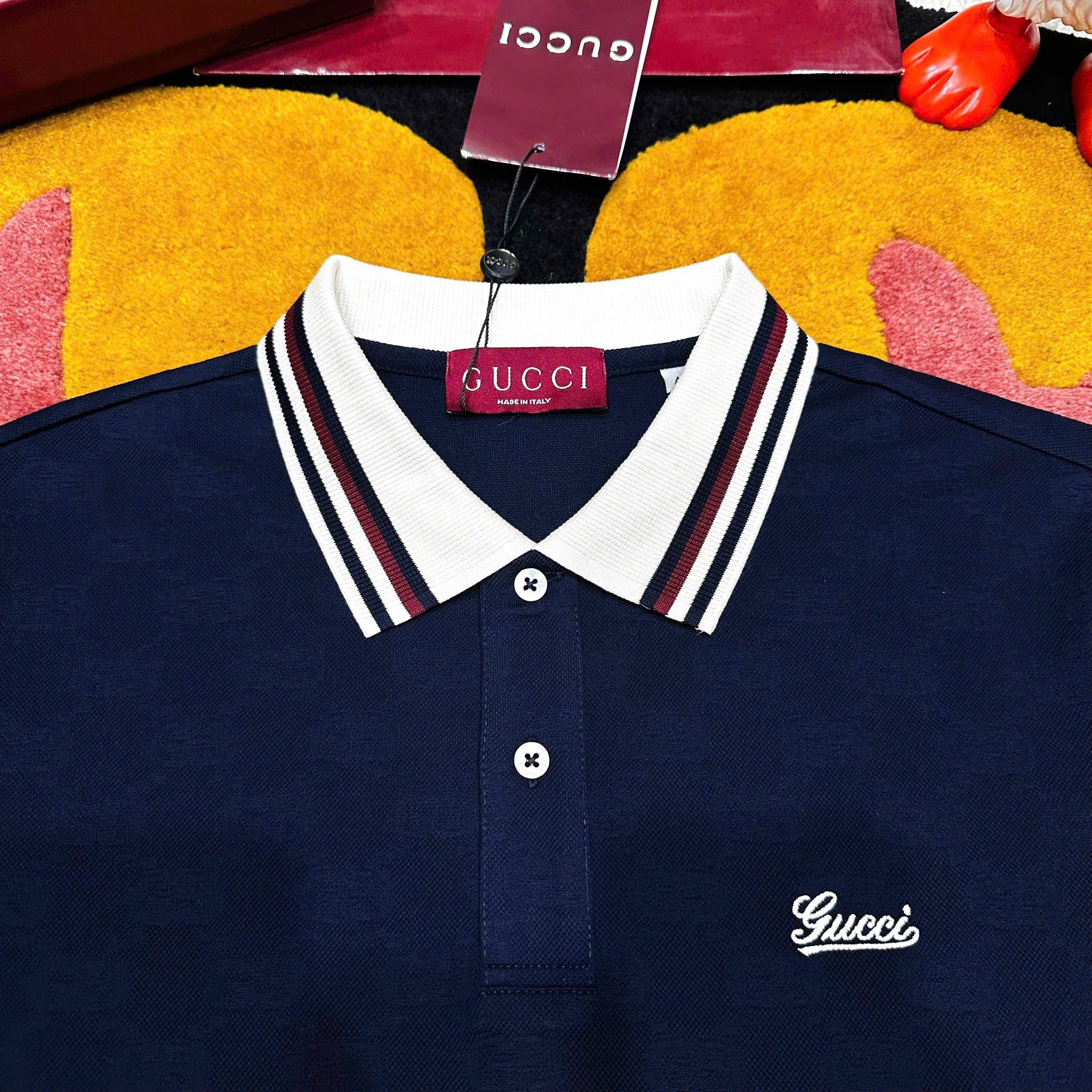 Áo polo Gucci GC check bo tay cổ logo thêu ngực Like Auth 48-52 MK\Xanh