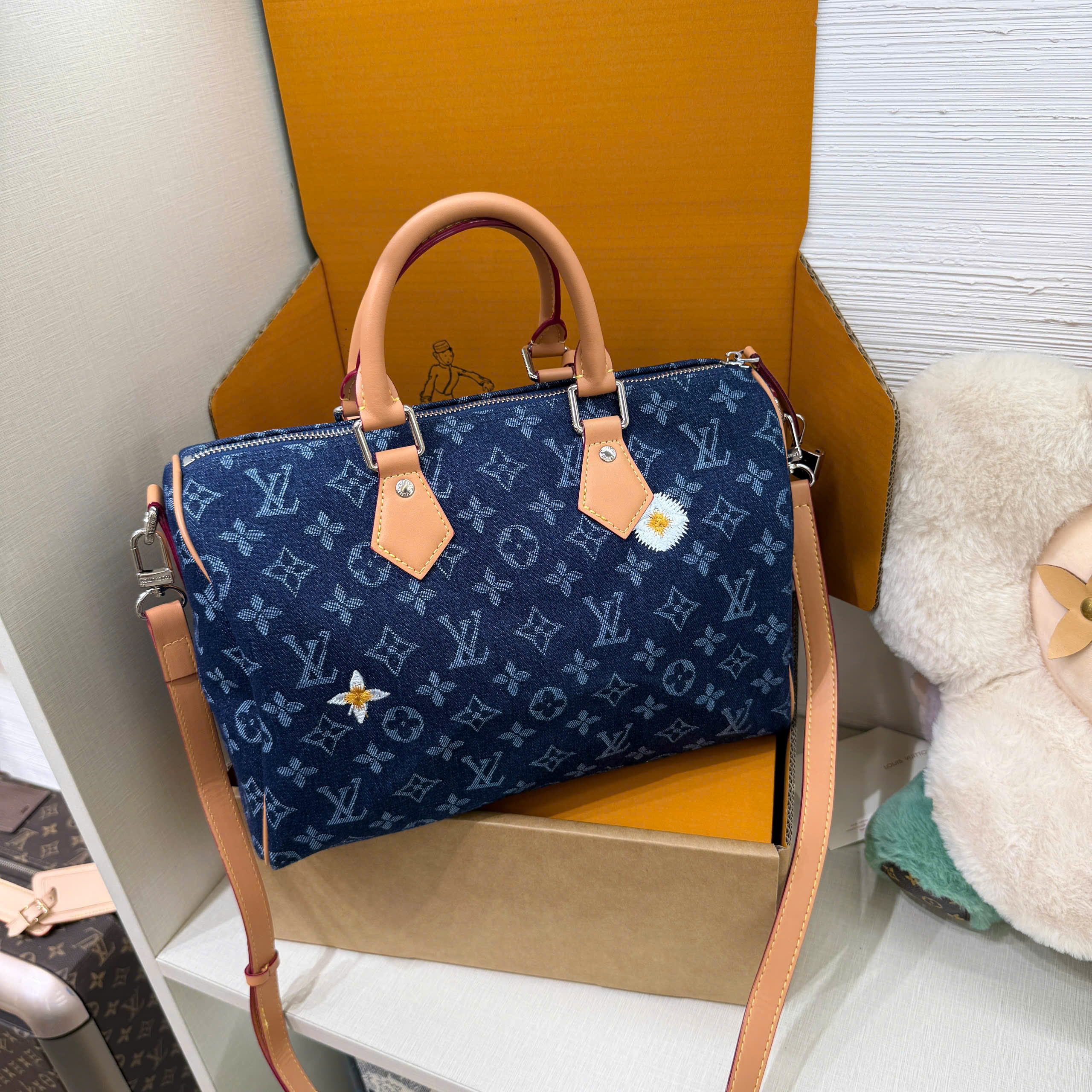 Túi Trống Louis Vuitton LV peedy 30 Bandoulière Denim monogram Xanh Than Like Auth 30x21x17 PLD