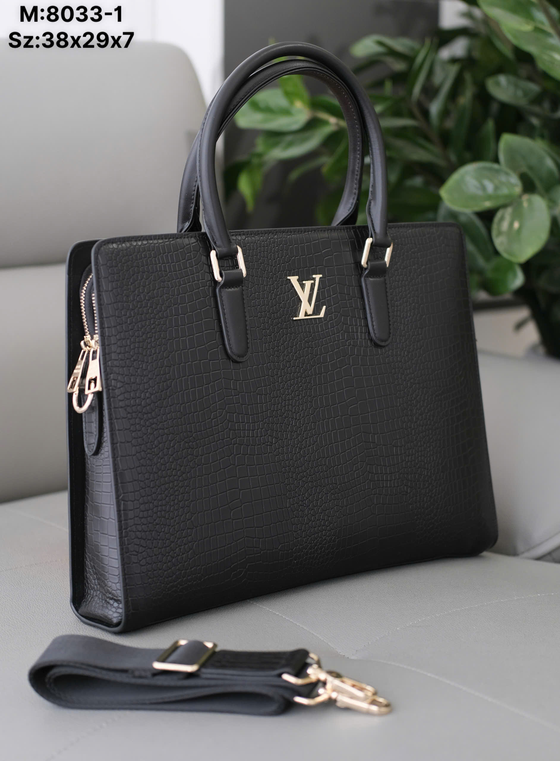 Túi cặp xách tay Louis Vuitton tag LV bạc Đen lỳ da cái sấu Like Auth 38x29x7 DDT