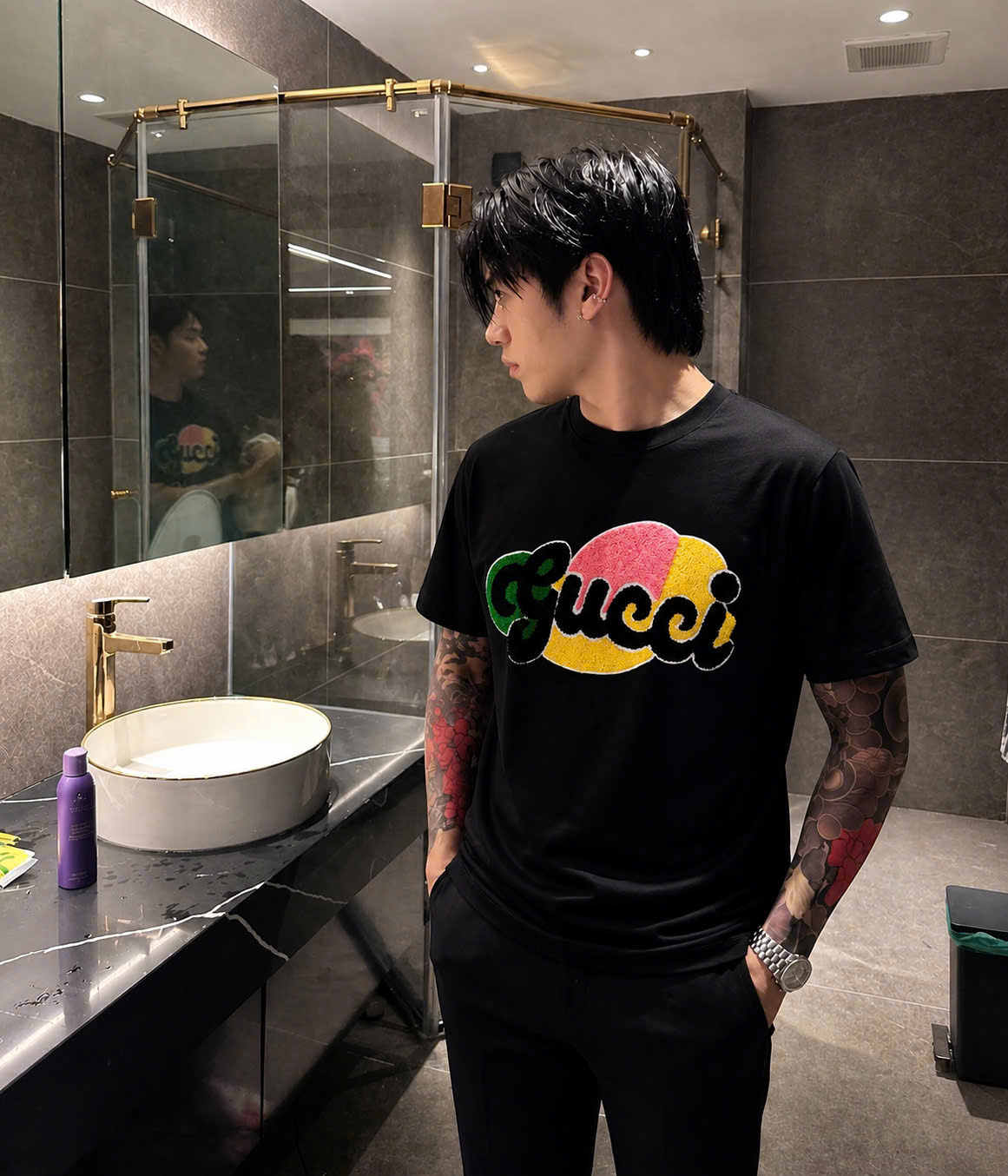 Áo phông T shirt Gucci GC logo thêu wash ngực nhiều màu Like Auth 44-50 CD