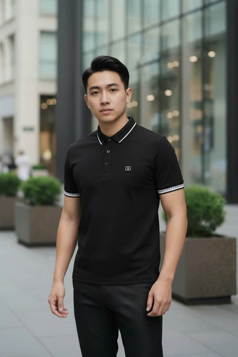 Áo polo Dolce Gabbana DG kẻ viền check tay logo thêu ngực Like Auth M-XXL DDT\Đen