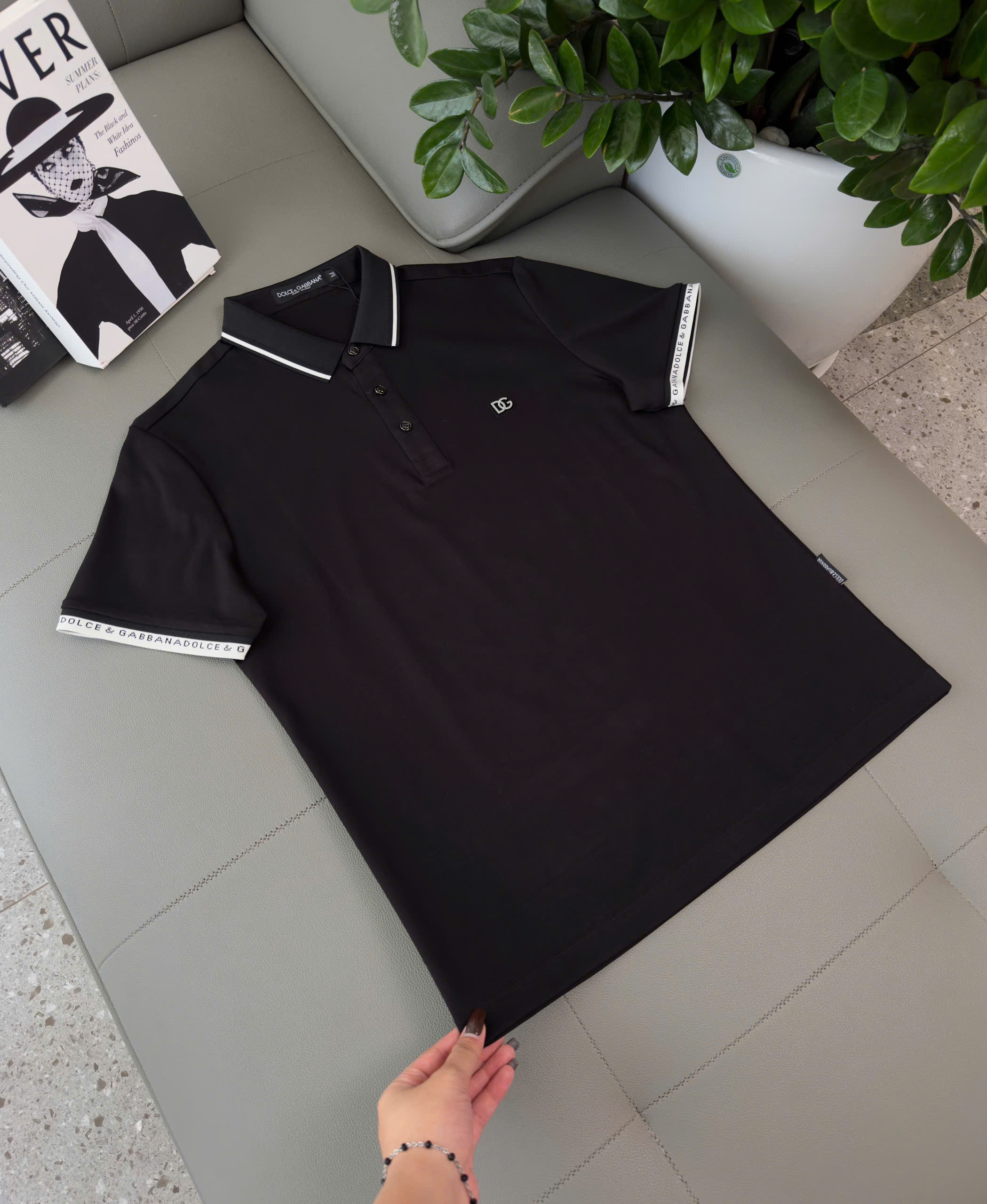 Áo polo Dolce Gabbana DG kẻ viền check tay logo thêu ngực Like Auth M-XXL DDT\Đen