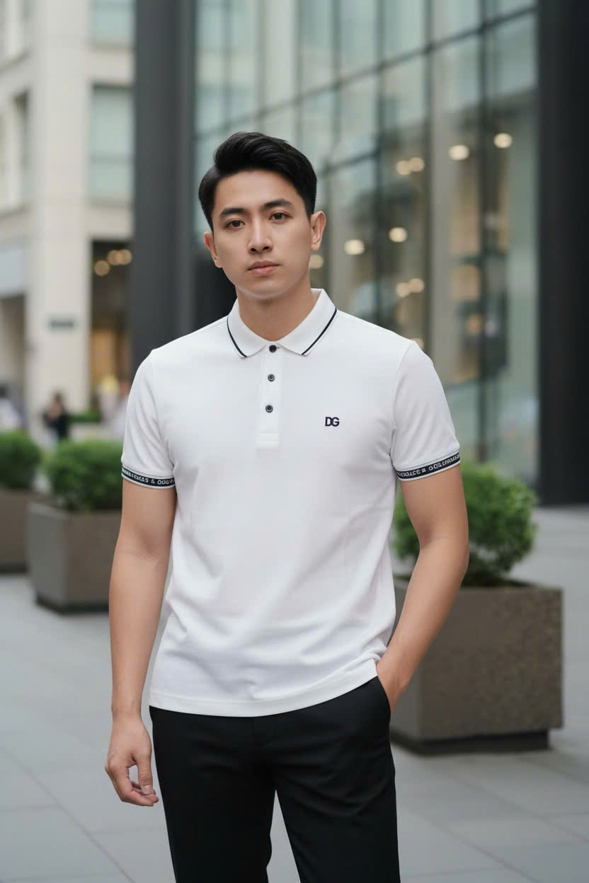 Áo polo Dolce Gabbana DG kẻ viền check tay logo thêu ngực Like Auth M-XXL DDT\Trắng