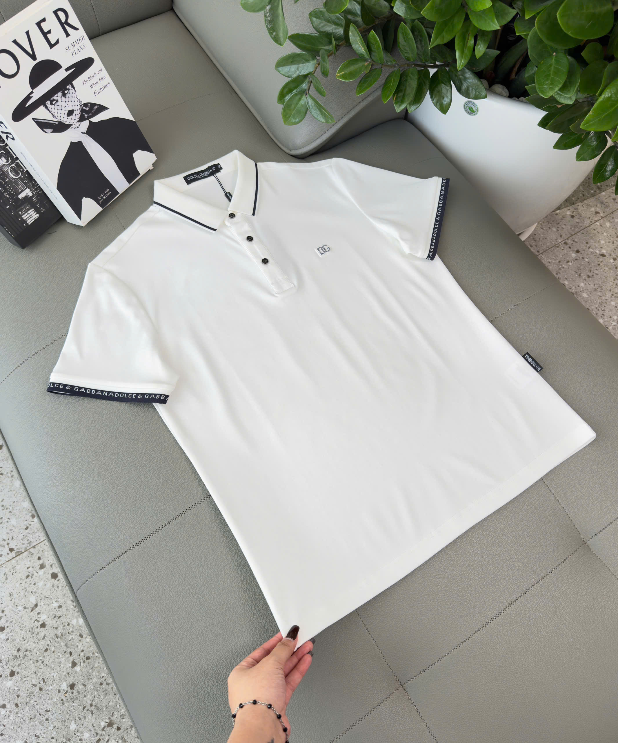 Áo polo Dolce Gabbana DG kẻ viền check tay logo thêu ngực Like Auth M-XXL DDT\Trắng