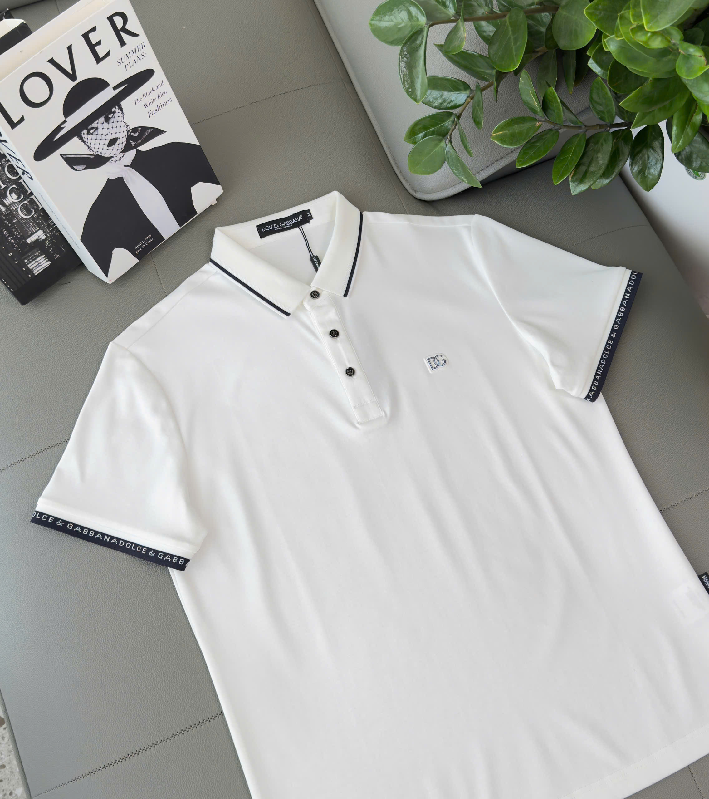 Áo polo Dolce Gabbana DG kẻ viền check tay logo thêu ngực Like Auth M-XXL DDT\Trắng