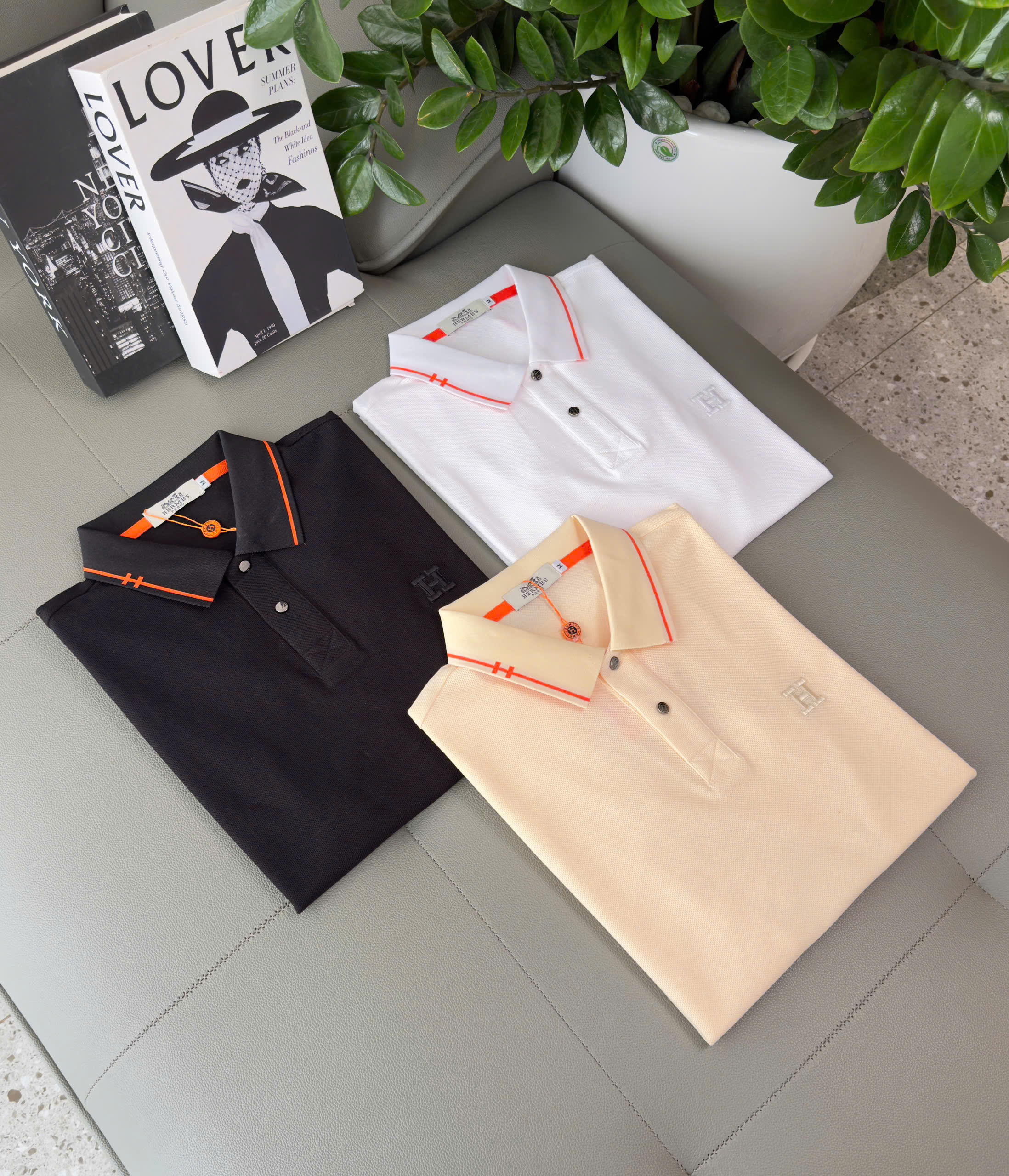 Áo polo Hermes HM kẻ viền Cam logo thêu chữ H Like Auth M-XXL DDT\Đen