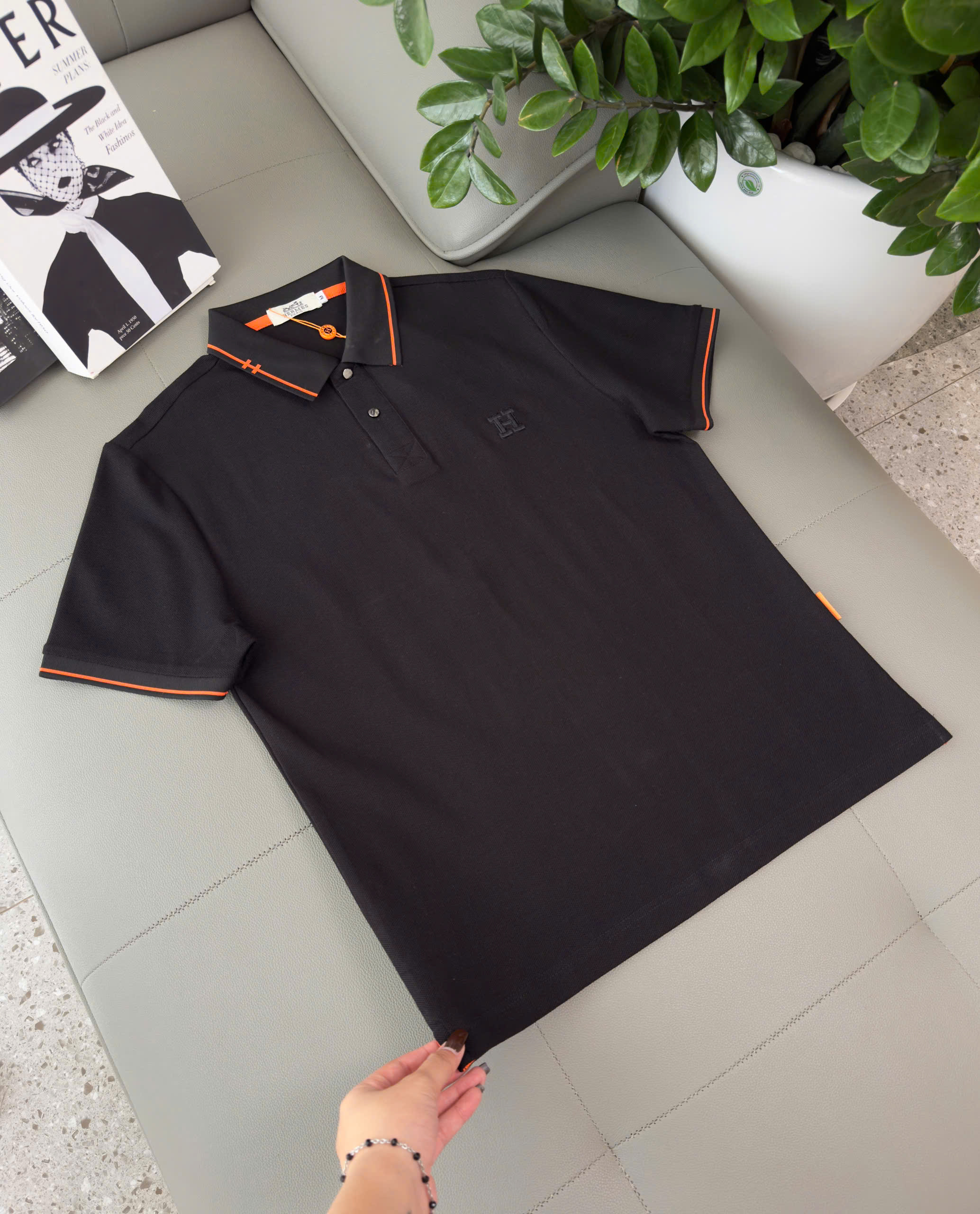 Áo polo Hermes HM kẻ viền Cam logo thêu chữ H Like Auth M-XXL DDT\Đen