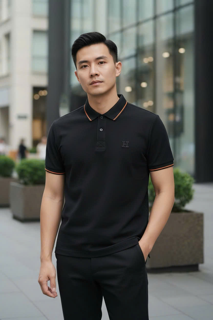 Áo polo Hermes HM kẻ viền Cam logo thêu chữ H Like Auth M-XXL DDT\Đen