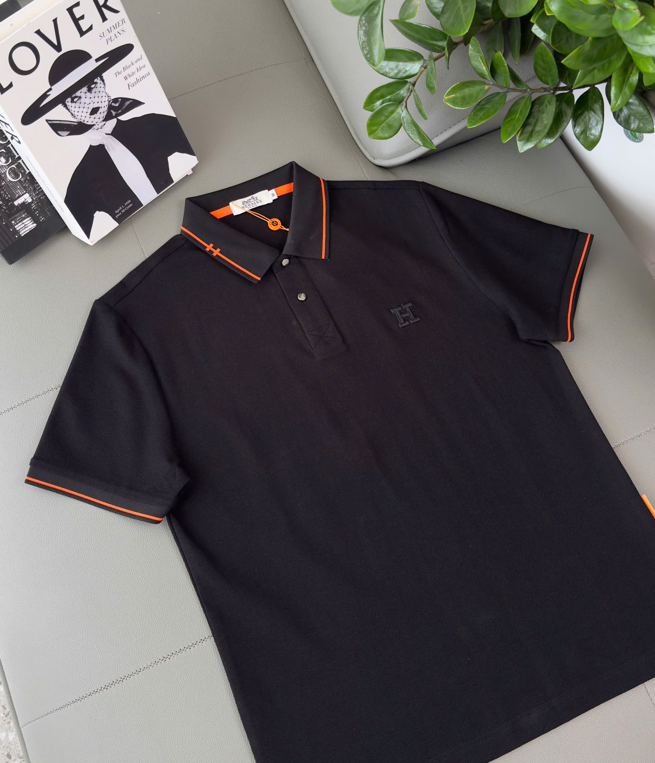 Áo polo Hermes HM kẻ viền Cam logo thêu chữ H Like Auth M-XXL DDT\Đen